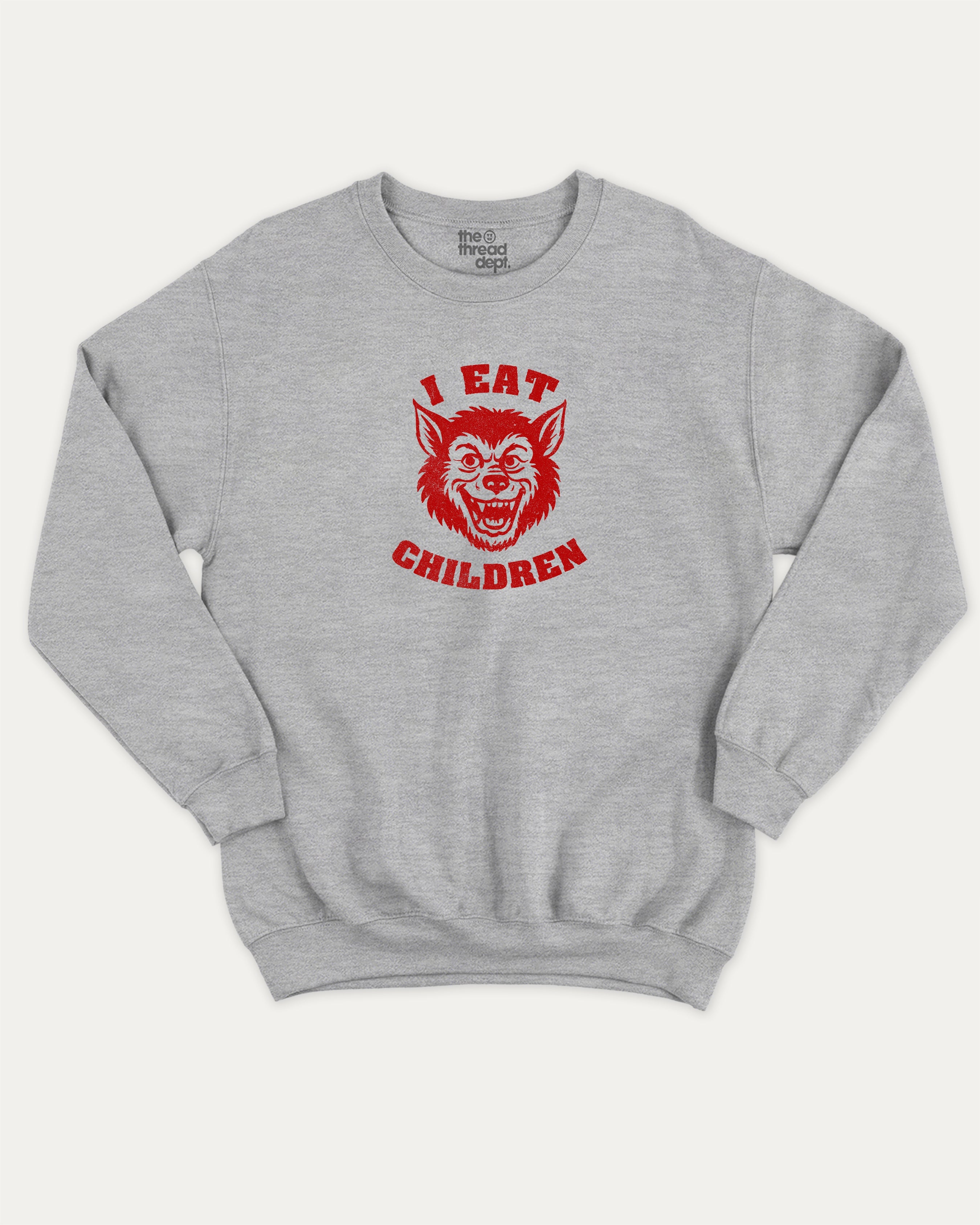 I eat children graphic sweatshirt with bold and humorous print, Perfect Gift for Halloween Day, Halloween Day Graphic T shirt, warm and cozy graphic for everyday wear. Perfect for adults and gift-giving. Heather Grey pullover.