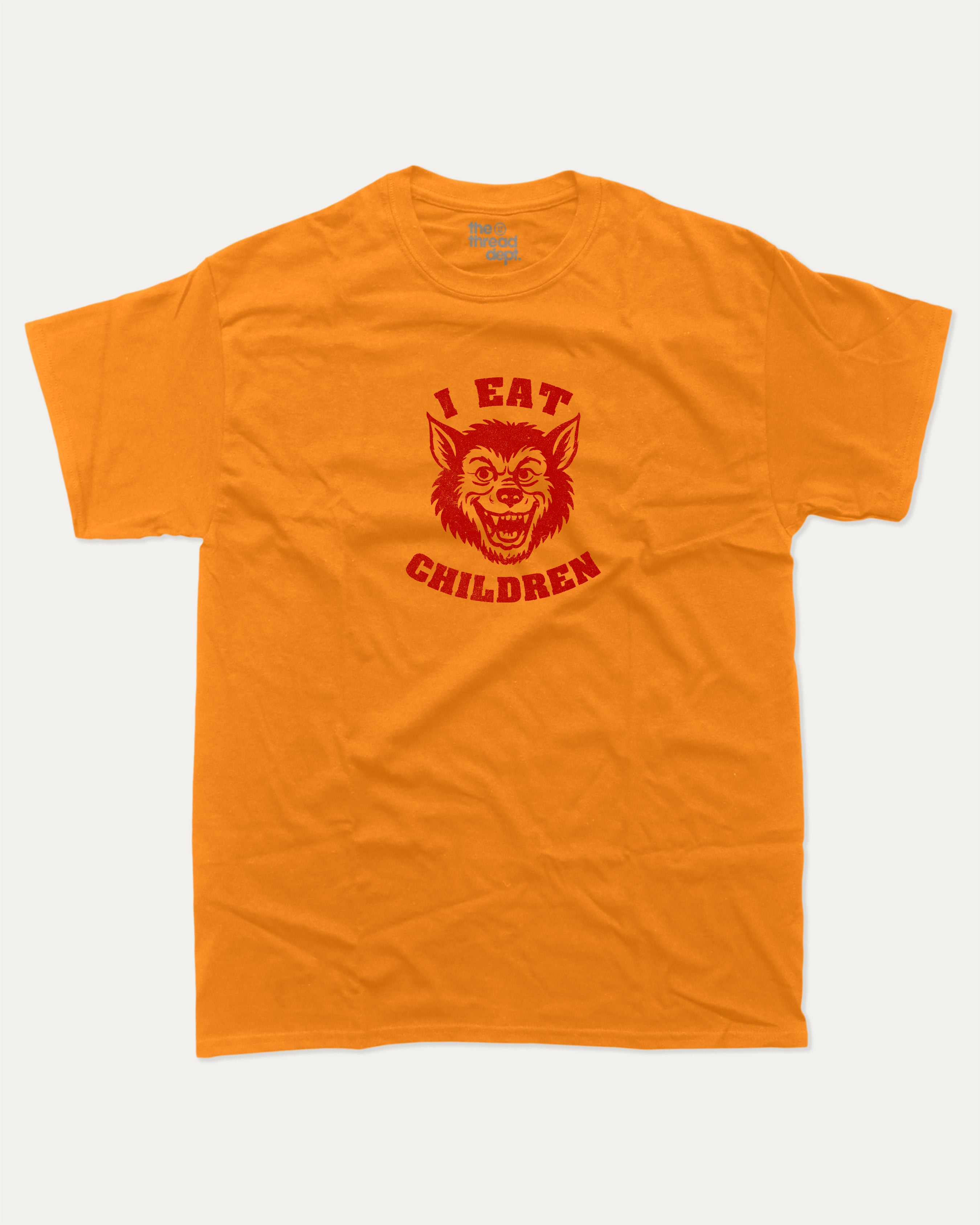 I eat children graphic tee with bold and humorous print, Perfect Gift for Halloween Day, Halloween Day Graphic T shirt, funny and trendy graphic. Perfect for adults and gift-giving. Orange shirt.