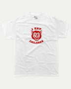 I eat children graphic tee with bold and humorous print, Perfect Gift for Halloween Day, Halloween Day Graphic T shirt, funny and trendy graphic. Perfect for adults and gift-giving. White shirt.