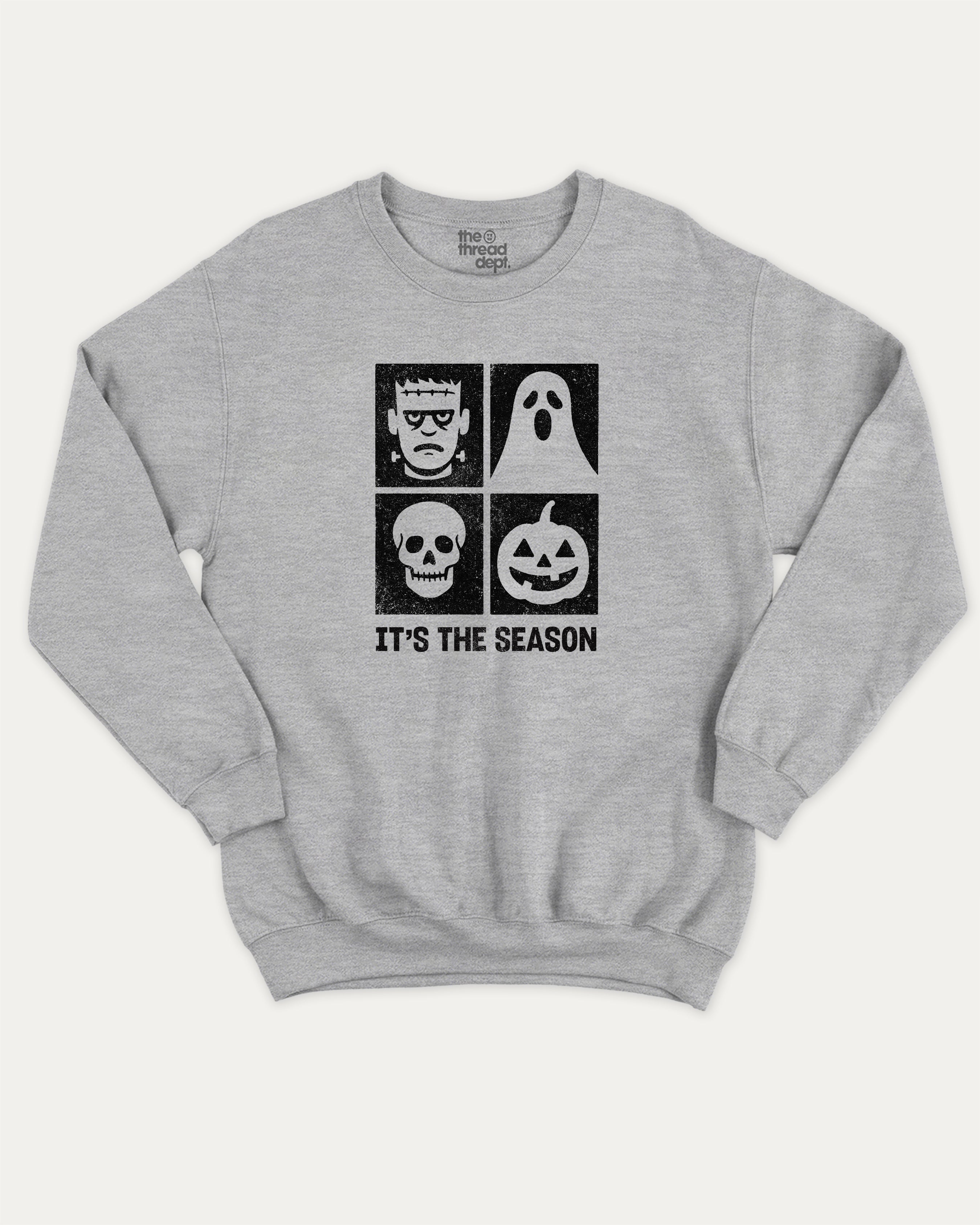 It's the season graphic sweatshirt with bold and humorous print, Halloween Graphic T shirt, Perfect Gift for Halloween day, warm and cozy graphic for everyday wear. Perfect for adults and gift-giving. Heather Grey pullover.