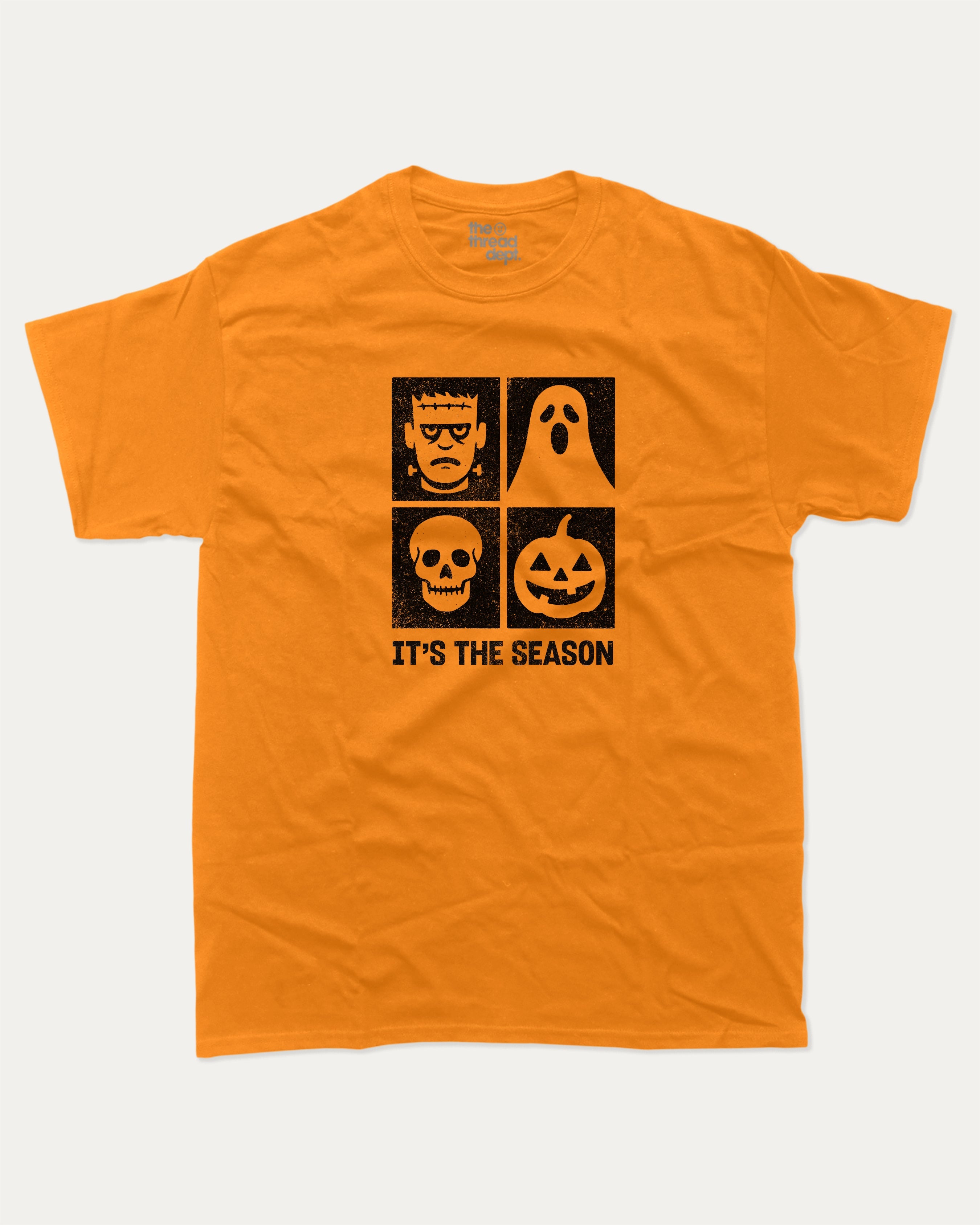 It's the season graphic tee with bold and humorous print, Halloween Graphic T shirt, Perfect Gift for Halloween day, funny and trendy graphic. Perfect for adults and gift-giving. Orange shirt.