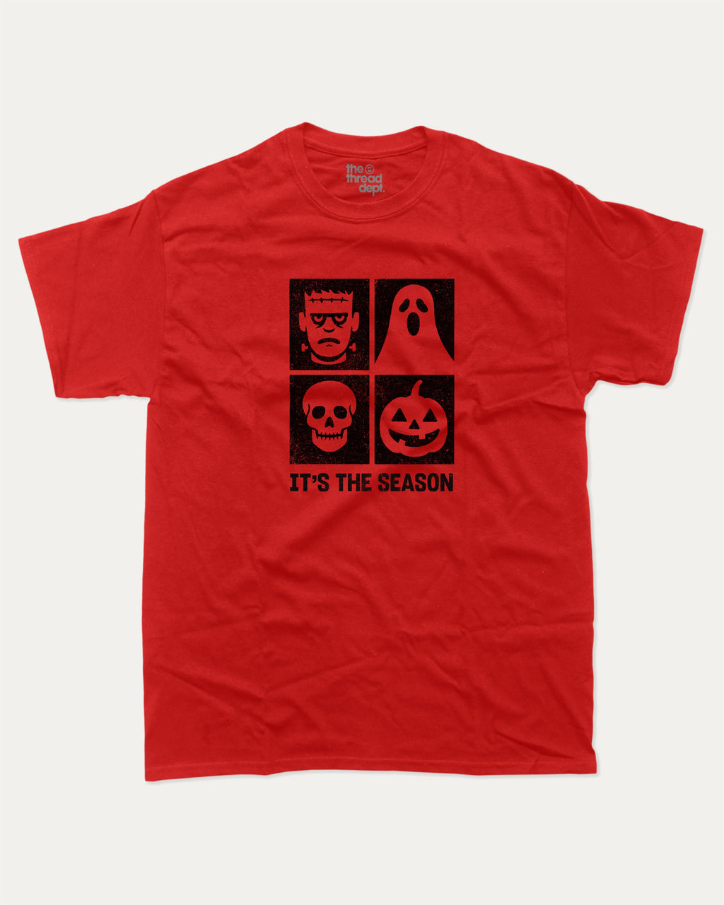 It's the season graphic tee with bold and humorous print, Halloween Graphic T shirt, Perfect Gift for Halloween day, funny and trendy graphic. Perfect for adults and gift-giving. Red shirt.
