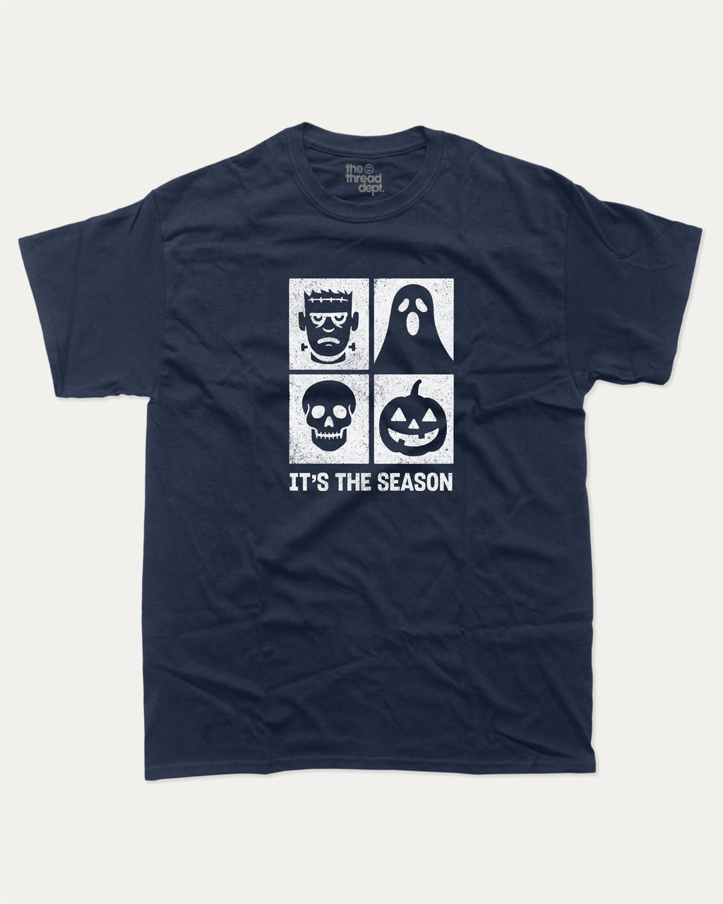 It's the season graphic tee with bold and humorous print, Halloween Graphic T shirt, Perfect Gift for Halloween day, funny and trendy graphic. Perfect for adults and gift-giving. True Navy shirt.