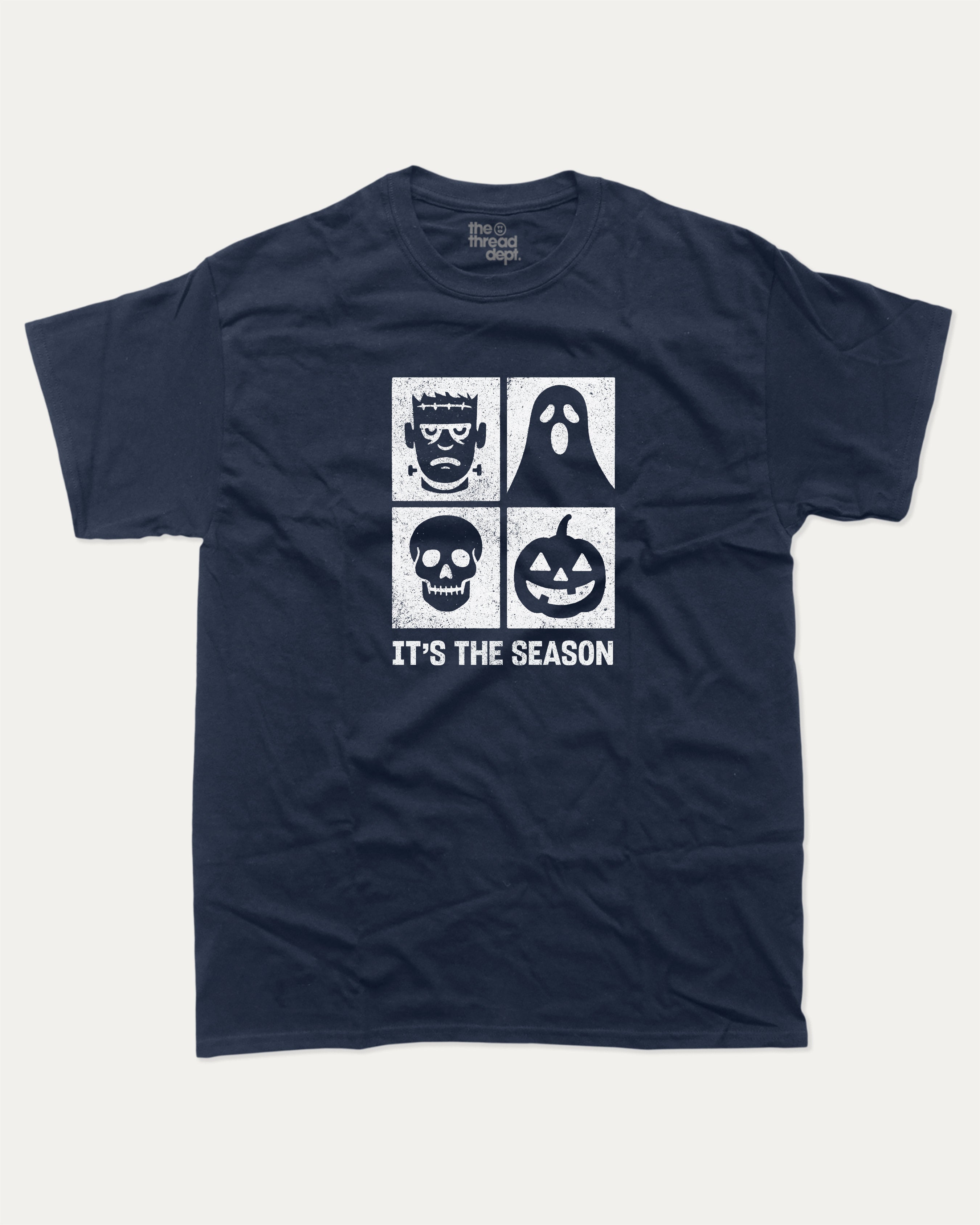 It's the season graphic tee with bold and humorous print, Halloween Graphic T shirt, Perfect Gift for Halloween day, funny and trendy graphic. Perfect for adults and gift-giving. True Navy shirt.