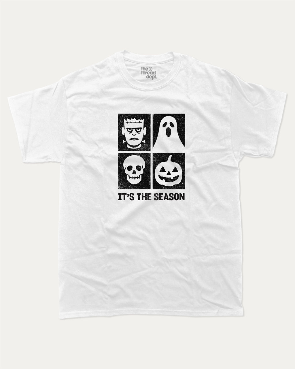 It's the season graphic tee with bold and humorous print, Halloween Graphic T shirt, Perfect Gift for Halloween day, funny and trendy graphic. Perfect for adults and gift-giving. White shirt.