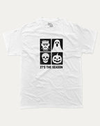 It's the season graphic tee with bold and humorous print, Halloween Graphic T shirt, Perfect Gift for Halloween day, funny and trendy graphic. Perfect for adults and gift-giving. White shirt.
