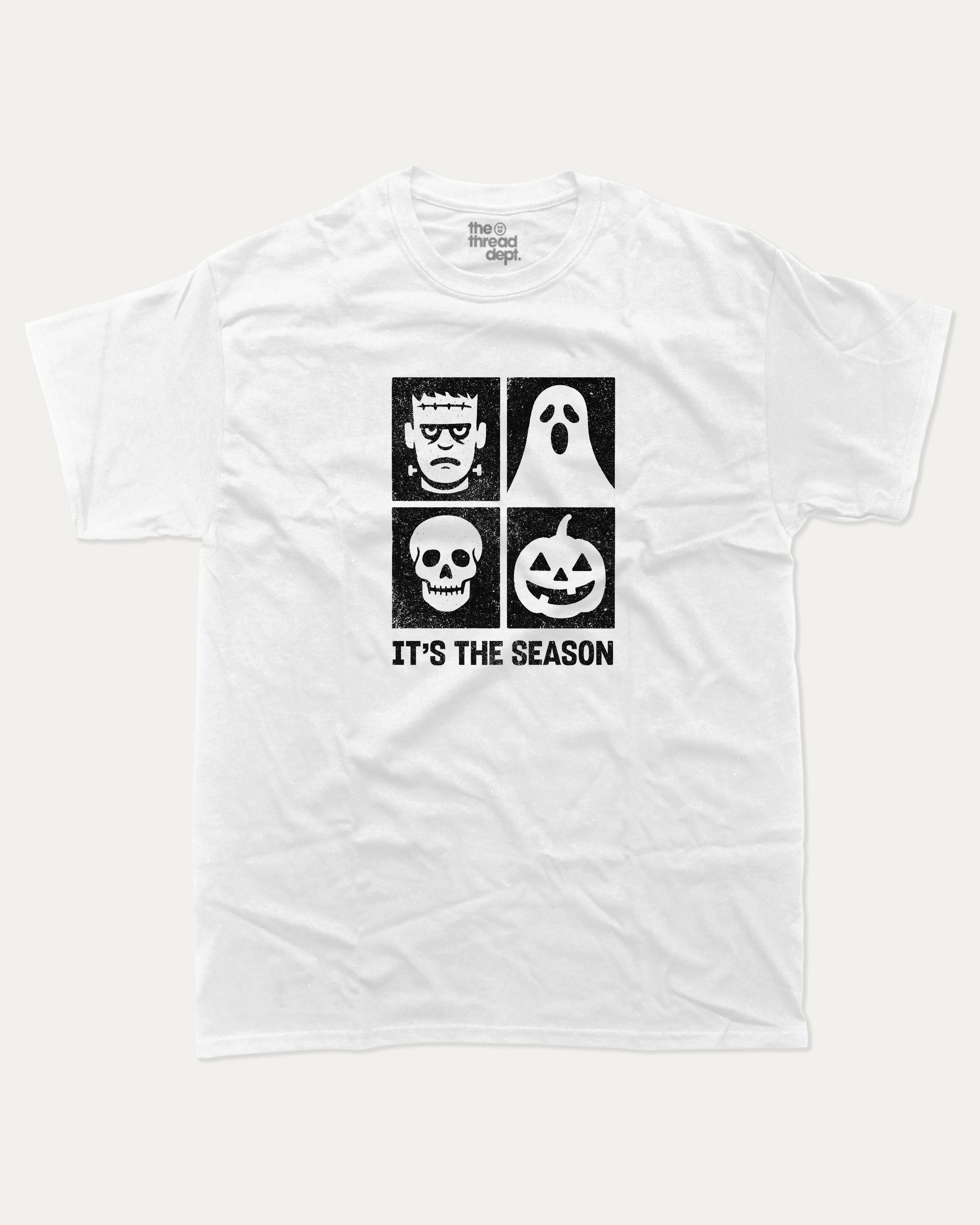 It's the season graphic tee with bold and humorous print, Halloween Graphic T shirt, Perfect Gift for Halloween day, funny and trendy graphic. Perfect for adults and gift-giving. White shirt.