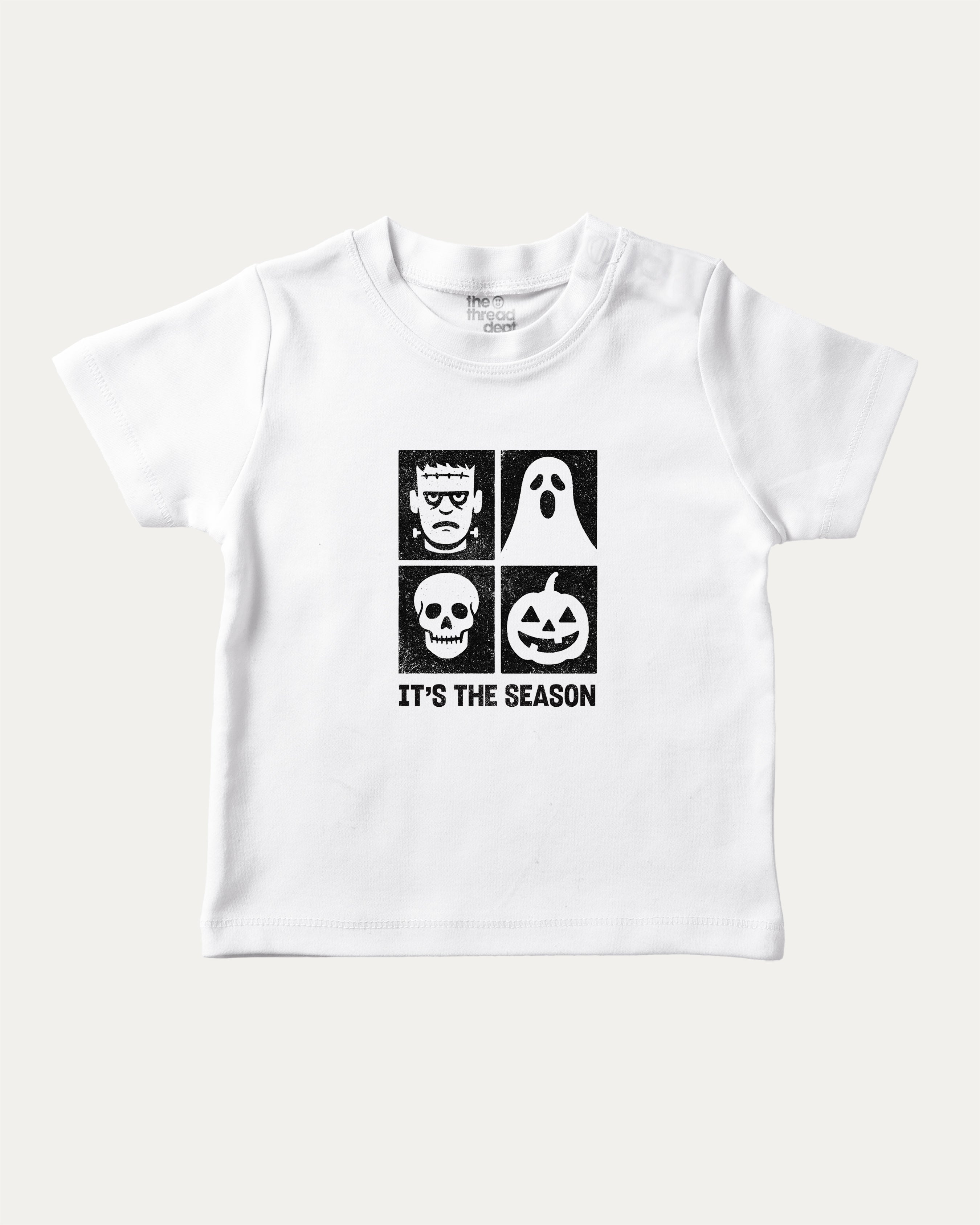 It's the season graphic tee with bold and humorous print, Halloween Graphic T shirt, Perfect Gift for Halloween day, funny and trendy graphic. Perfect for adults and gift-giving. White shirt.