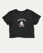 Pumpkin Patch Top Dog graphic crop tee with funny and trendy halloween print, perfect for women_ casual looks or layering. Black crop t-shirt.