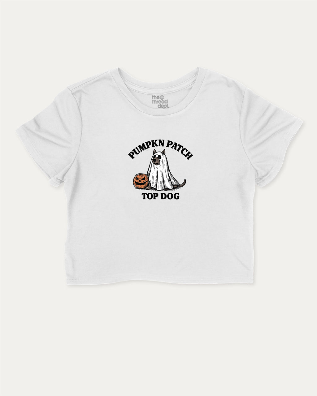 Pumpkin Patch Top Dog graphic crop tee with funny and trendy halloween print, perfect for women_ casual looks or layering. White crop t-shirt.