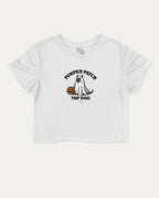 Pumpkin Patch Top Dog graphic crop tee with funny and trendy halloween print, perfect for women_ casual looks or layering. White crop t-shirt.
