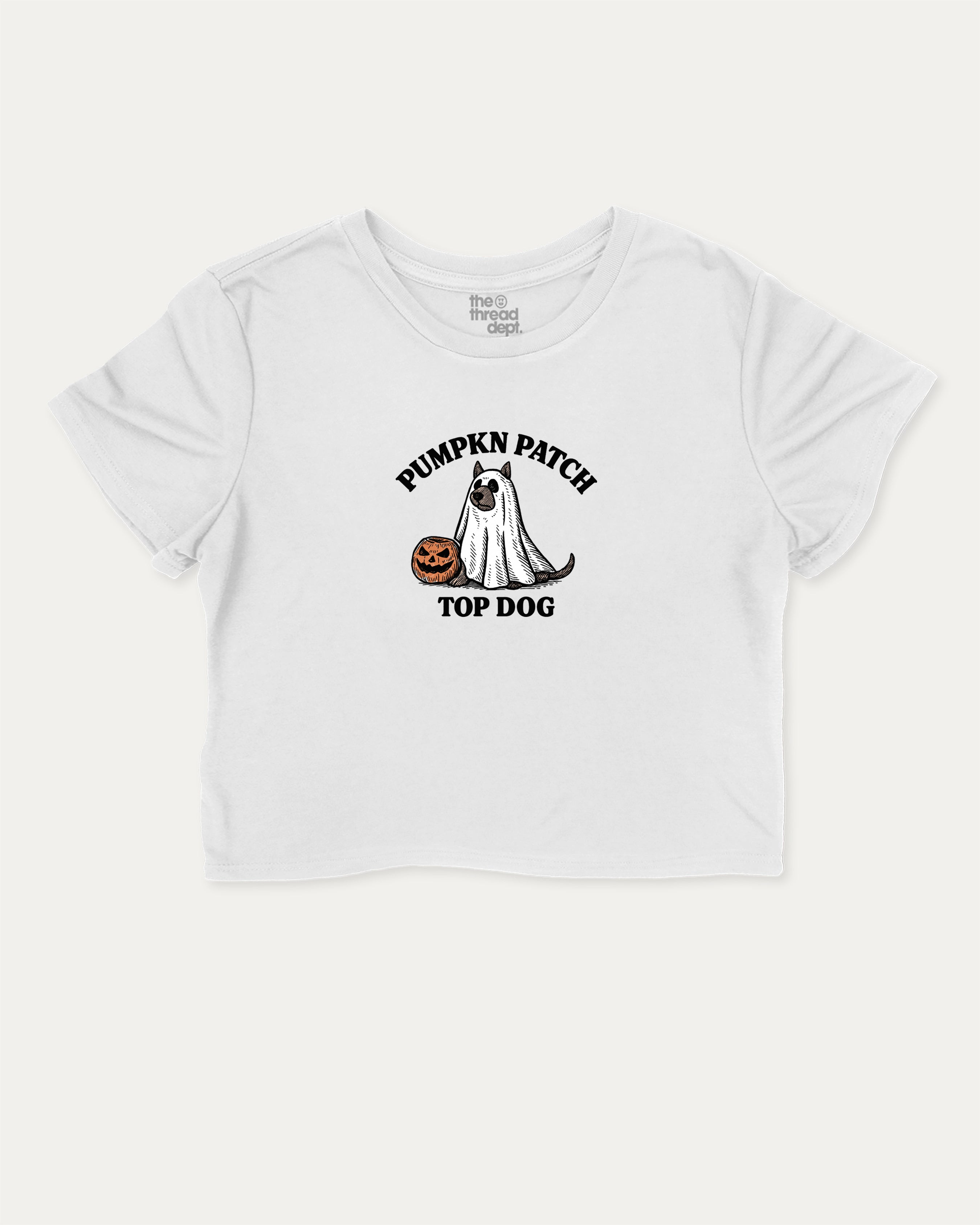 Pumpkin Patch Top Dog graphic crop tee with funny and trendy halloween print, perfect for women_ casual looks or layering. White crop t-shirt.