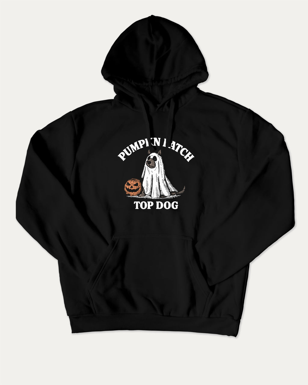 Pumpkin Patch Top Dog graphic hoodie with funny and trendy artwork, casual sweater with funny halloween graphic. Great for adults and gifting. Black hoodie.