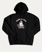 Pumpkin Patch Top Dog graphic hoodie with funny and trendy artwork, casual sweater with funny halloween graphic. Great for adults and gifting. Black hoodie.