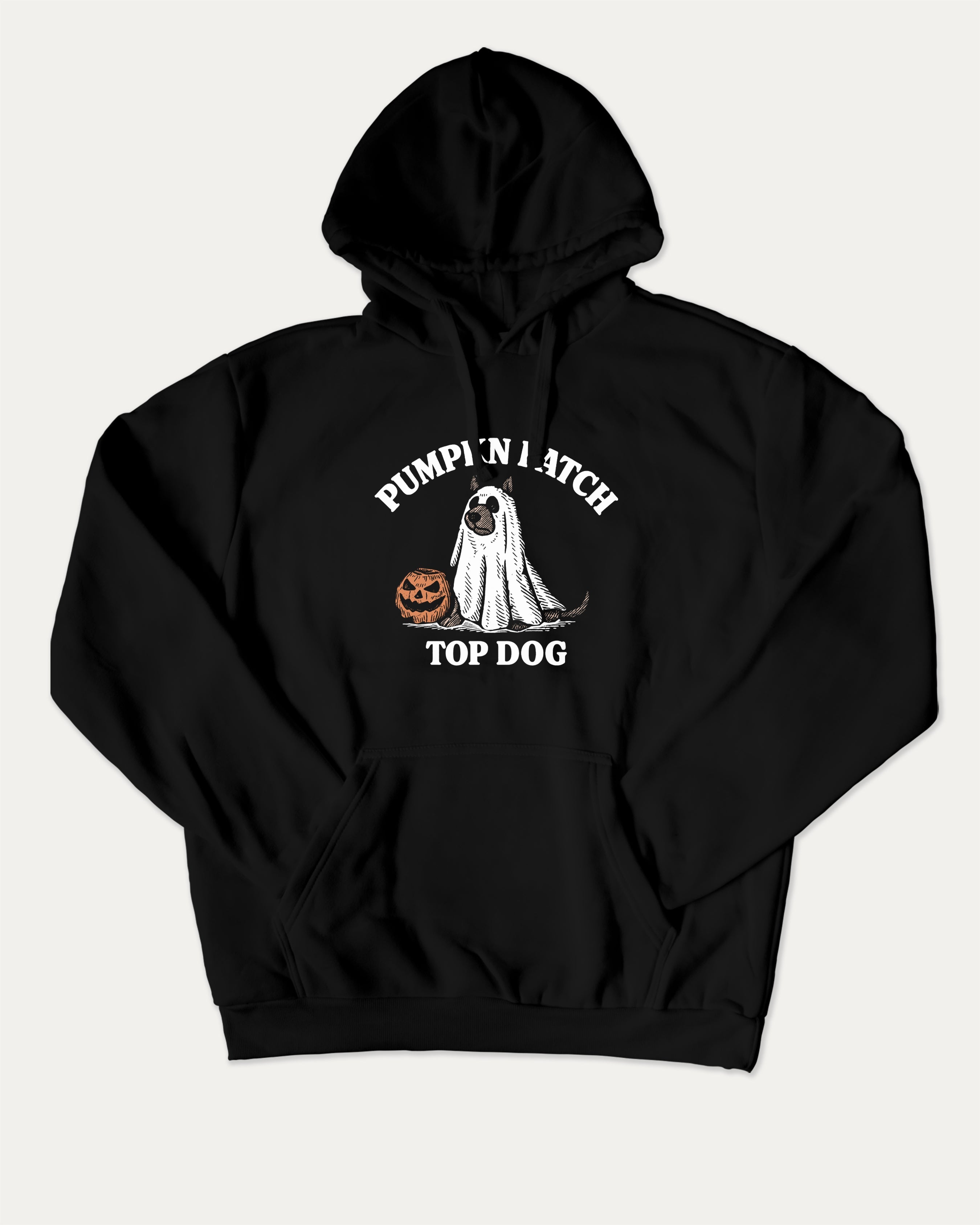 Pumpkin Patch Top Dog graphic hoodie with funny and trendy artwork, casual sweater with funny halloween graphic. Great for adults and gifting. Black hoodie.