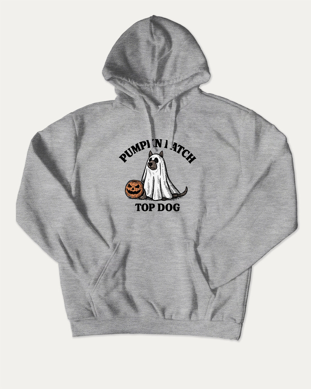 Pumpkin Patch Top Dog graphic hoodie with funny and trendy artwork, casual sweater with funny halloween graphic. Great for adults and gifting. Heather Grey hoodie.