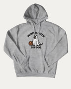 Pumpkin Patch Top Dog graphic hoodie with funny and trendy artwork, casual sweater with funny halloween graphic. Great for adults and gifting. Heather Grey hoodie.