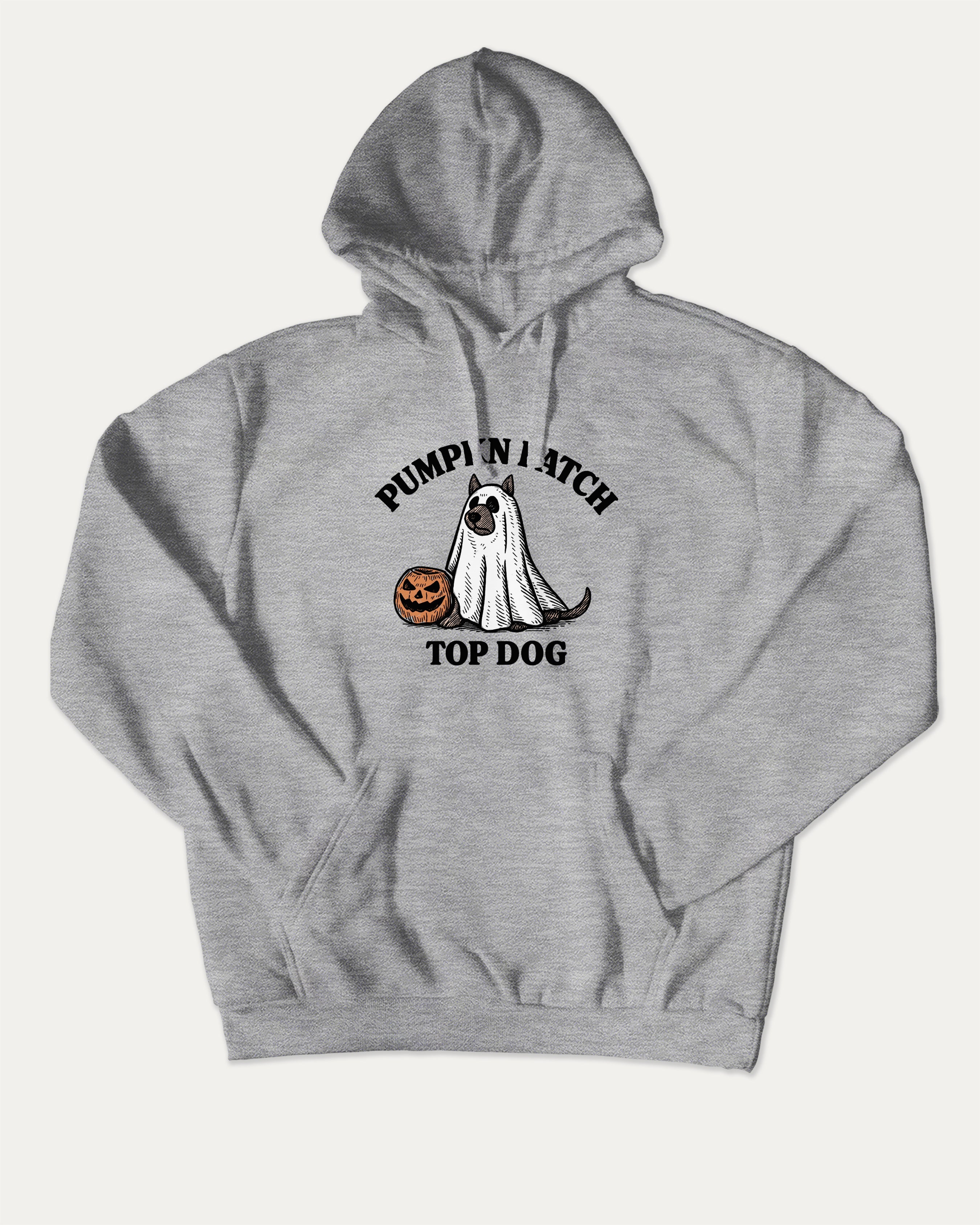 Pumpkin Patch Top Dog graphic hoodie with funny and trendy artwork, casual sweater with funny halloween graphic. Great for adults and gifting. Heather Grey hoodie.