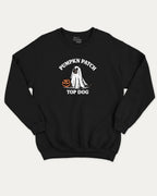 Pumpkin Patch Top Dog graphic sweatshirt with halloween patch print, warm and cozy graphic for everyday wear. Perfect for friends and gift-giving. Black pullover.