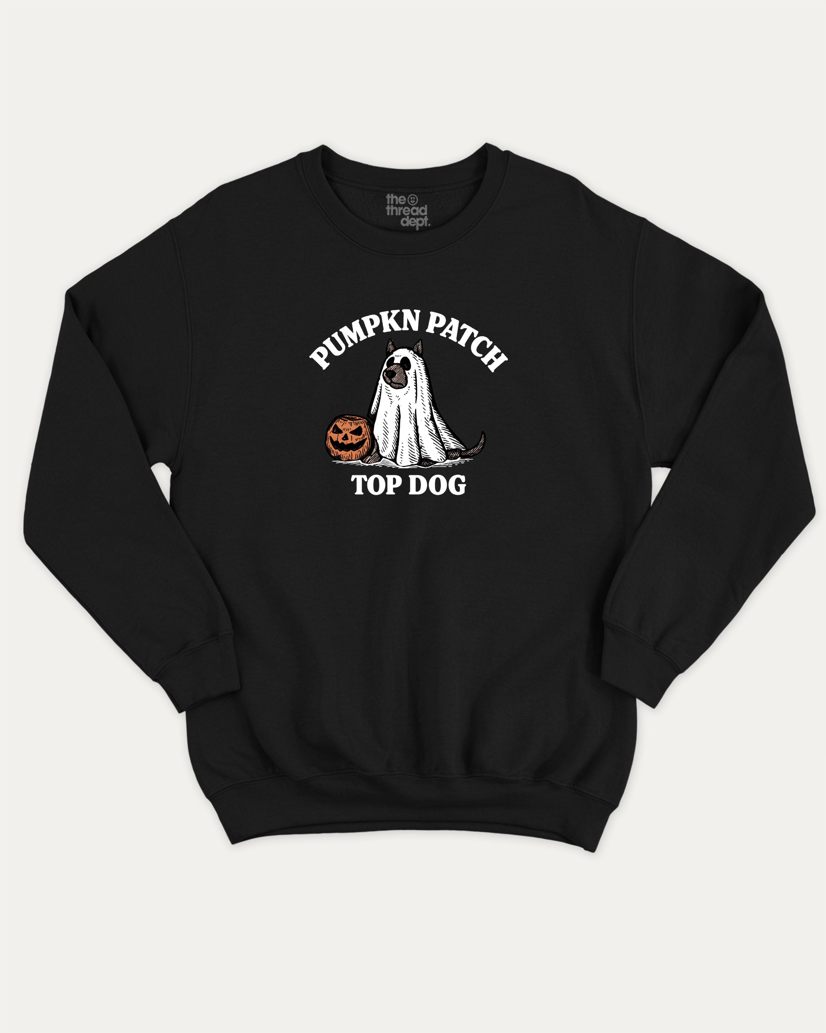 Pumpkin Patch Top Dog graphic sweatshirt with halloween patch print, warm and cozy graphic for everyday wear. Perfect for friends and gift-giving. Black pullover.