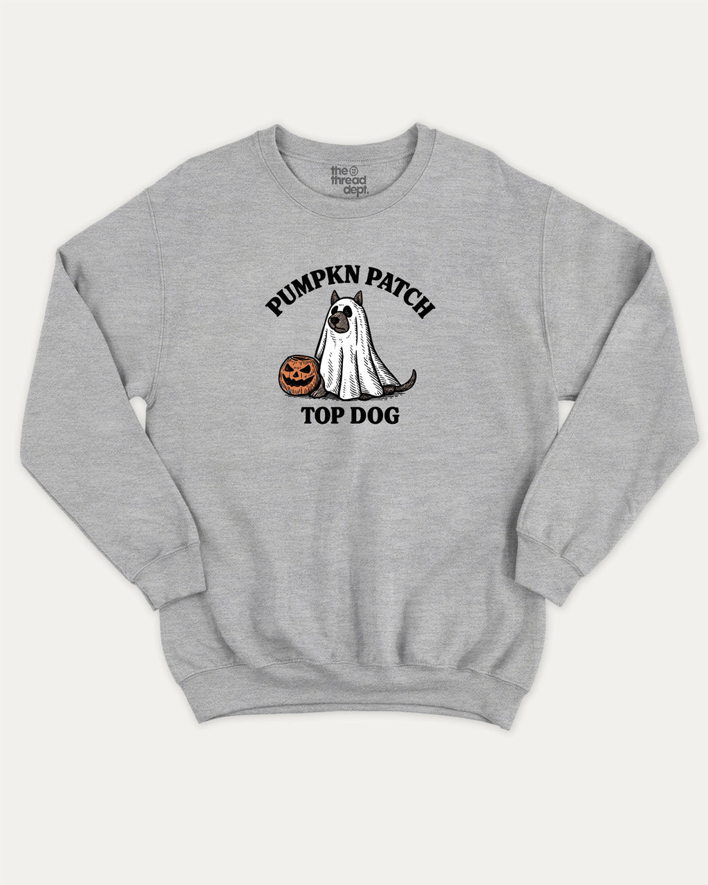 Pumpkin Patch Top Dog graphic sweatshirt with halloween patch print, warm and cozy graphic for everyday wear. Perfect for friends and gift-giving. Heather Grey pullover.