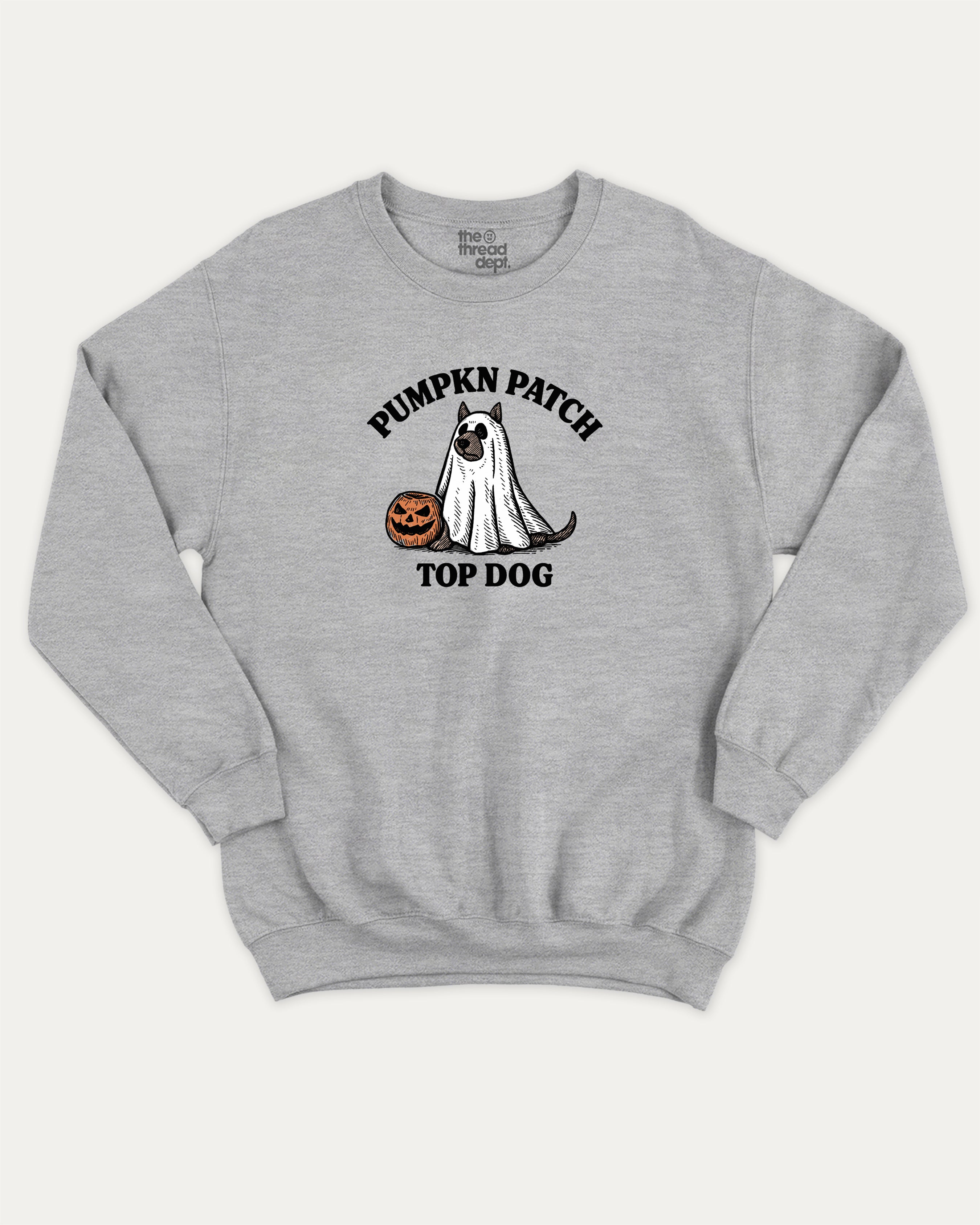 Pumpkin Patch Top Dog graphic sweatshirt with halloween patch print, warm and cozy graphic for everyday wear. Perfect for friends and gift-giving. Heather Grey pullover.