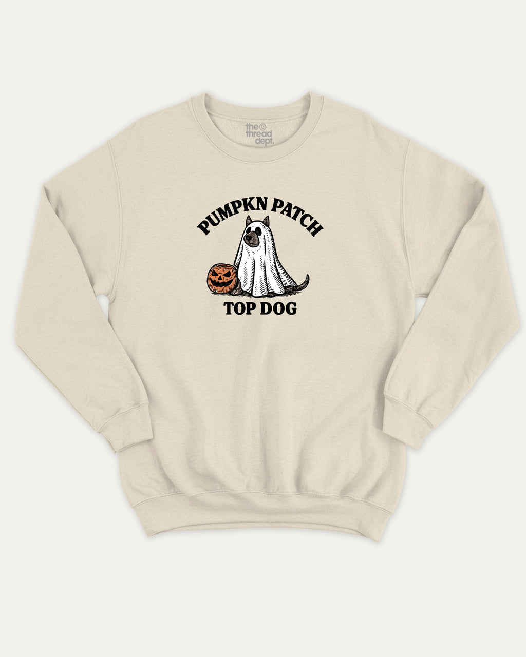 Pumpkin Patch Top Dog graphic sweatshirt with halloween patch print, warm and cozy graphic for everyday wear. Perfect for friends and gift-giving. Natural pullover.