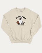 Pumpkin Patch Top Dog graphic sweatshirt with halloween patch print, warm and cozy graphic for everyday wear. Perfect for friends and gift-giving. Natural pullover.