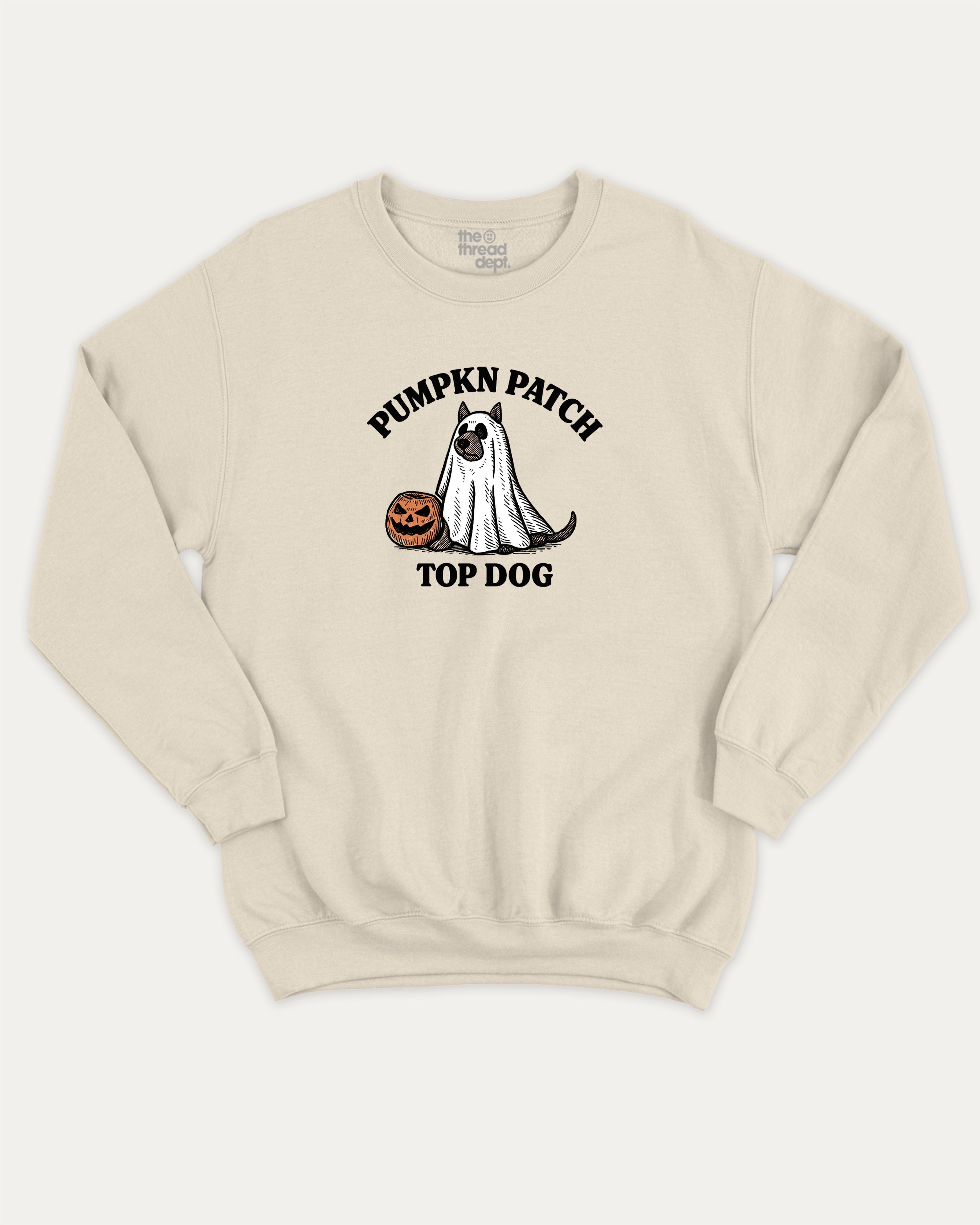 Pumpkin Patch Top Dog graphic sweatshirt with halloween patch print, warm and cozy graphic for everyday wear. Perfect for friends and gift-giving. Natural pullover.