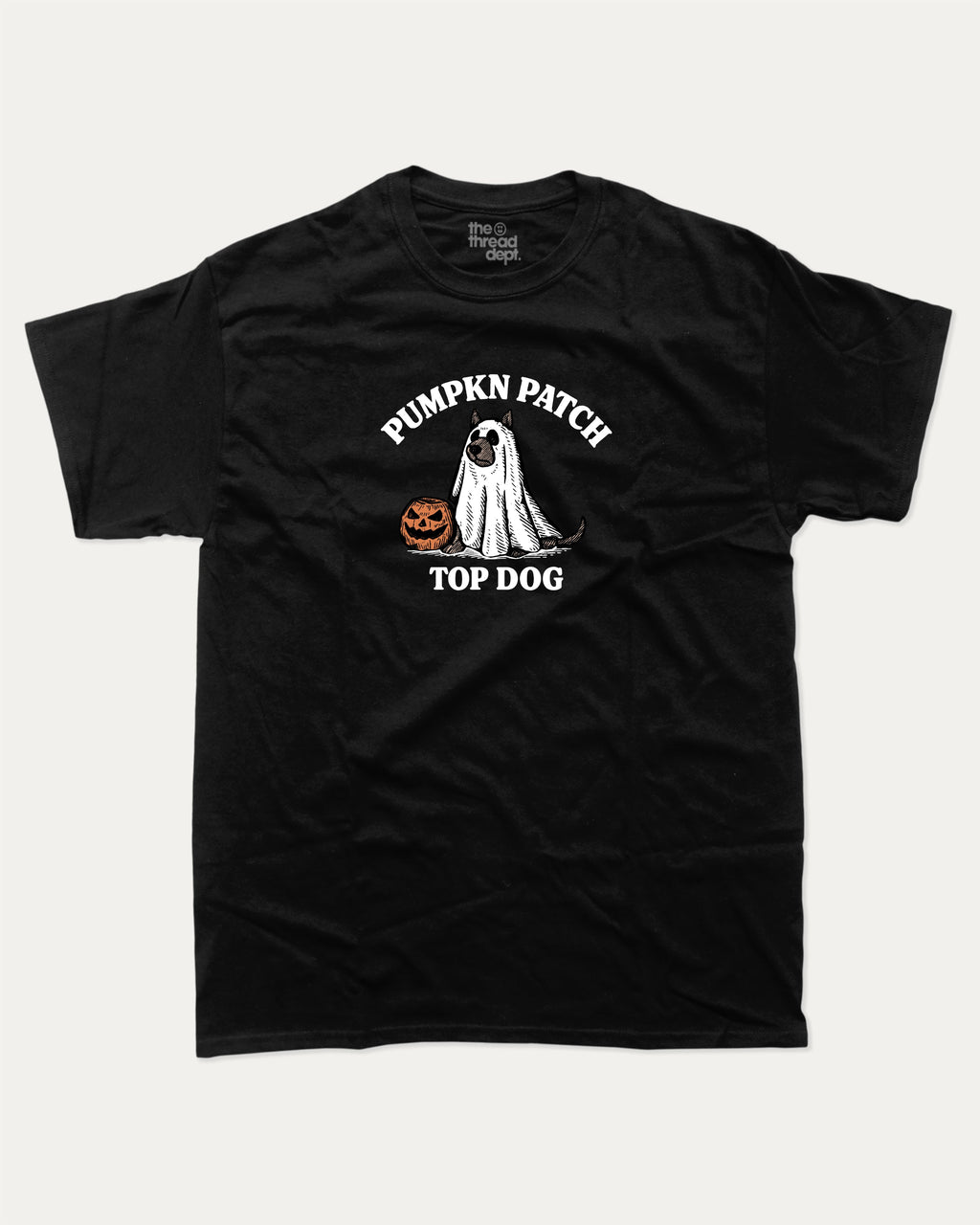 Pumpkin Patch Top Dog graphic tee with funny halloween graphic, funny and trendy graphic. Perfect for Halloween and gift-giving. Black shirt.