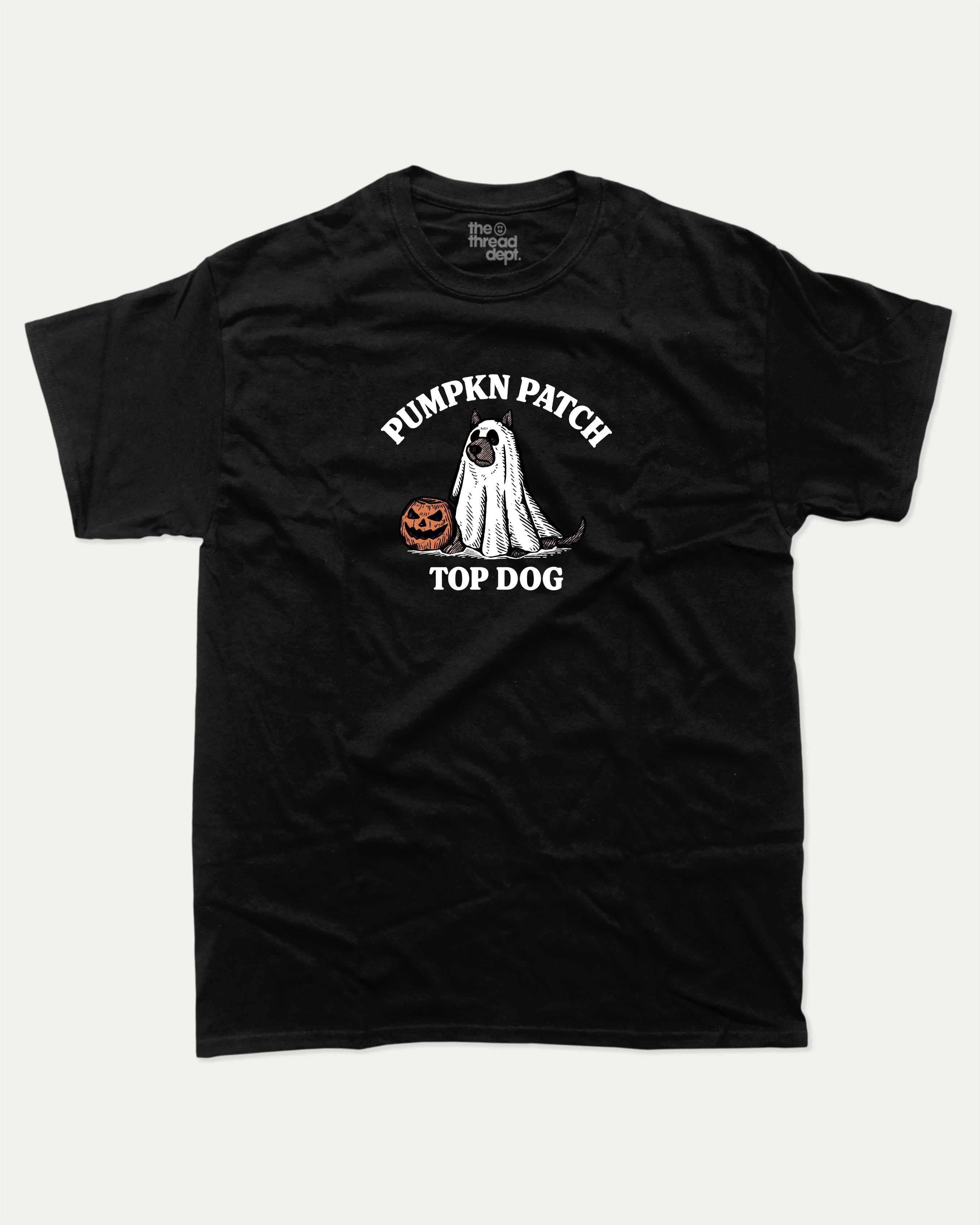 Pumpkin Patch Top Dog graphic tee with funny halloween graphic, funny and trendy graphic. Perfect for Halloween and gift-giving. Black shirt.
