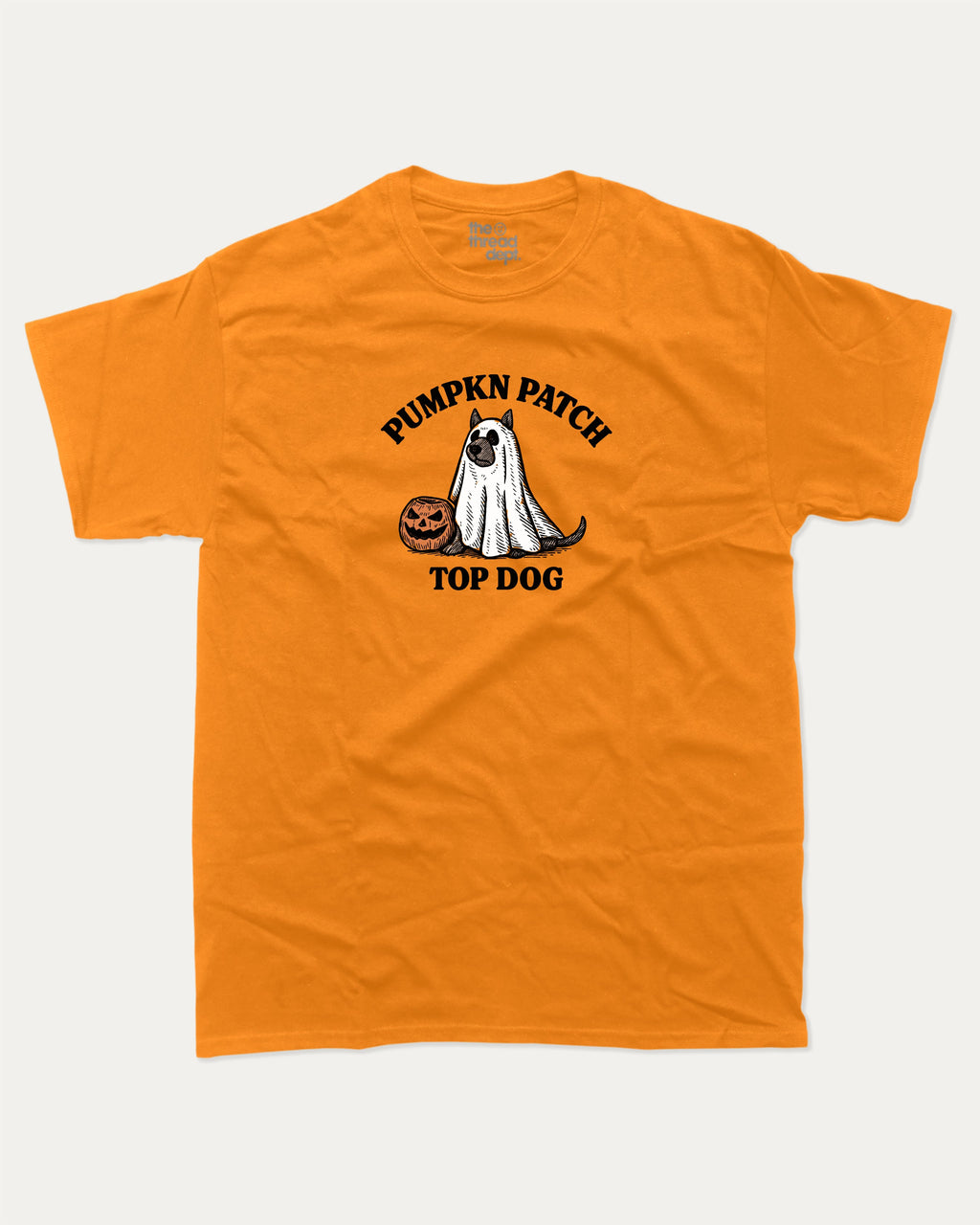 Pumpkin Patch Top Dog graphic tee with funny halloween graphic, funny and trendy graphic. Perfect for Halloween and gift-giving. Orange shirt.