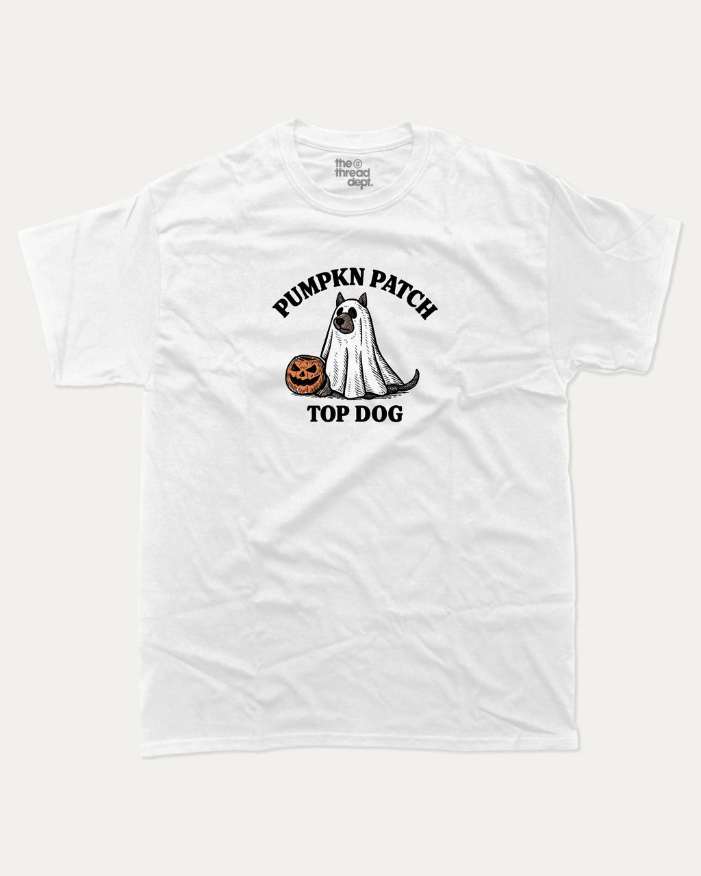 Pumpkin Patch Top Dog graphic tee with funny halloween graphic, funny and trendy graphic. Perfect for Halloween and gift-giving. White shirt.