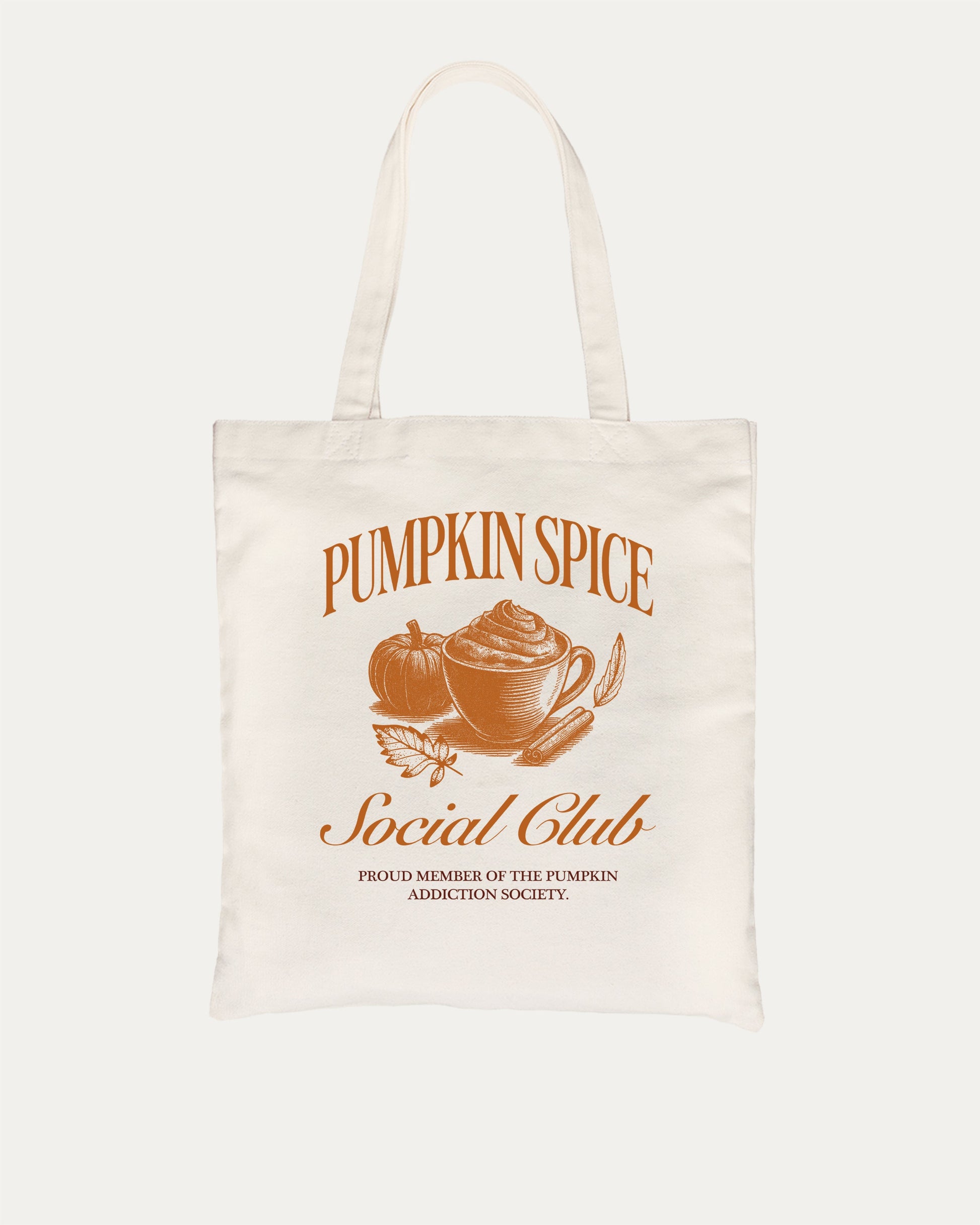 Pumpkin Spice Social Club cotton canvas tote bag with humorous graphic, perfect for everyday carry. A must-have halloween accessory, great for shopping, school, or casual days. Special gifts for friends. Natural bag