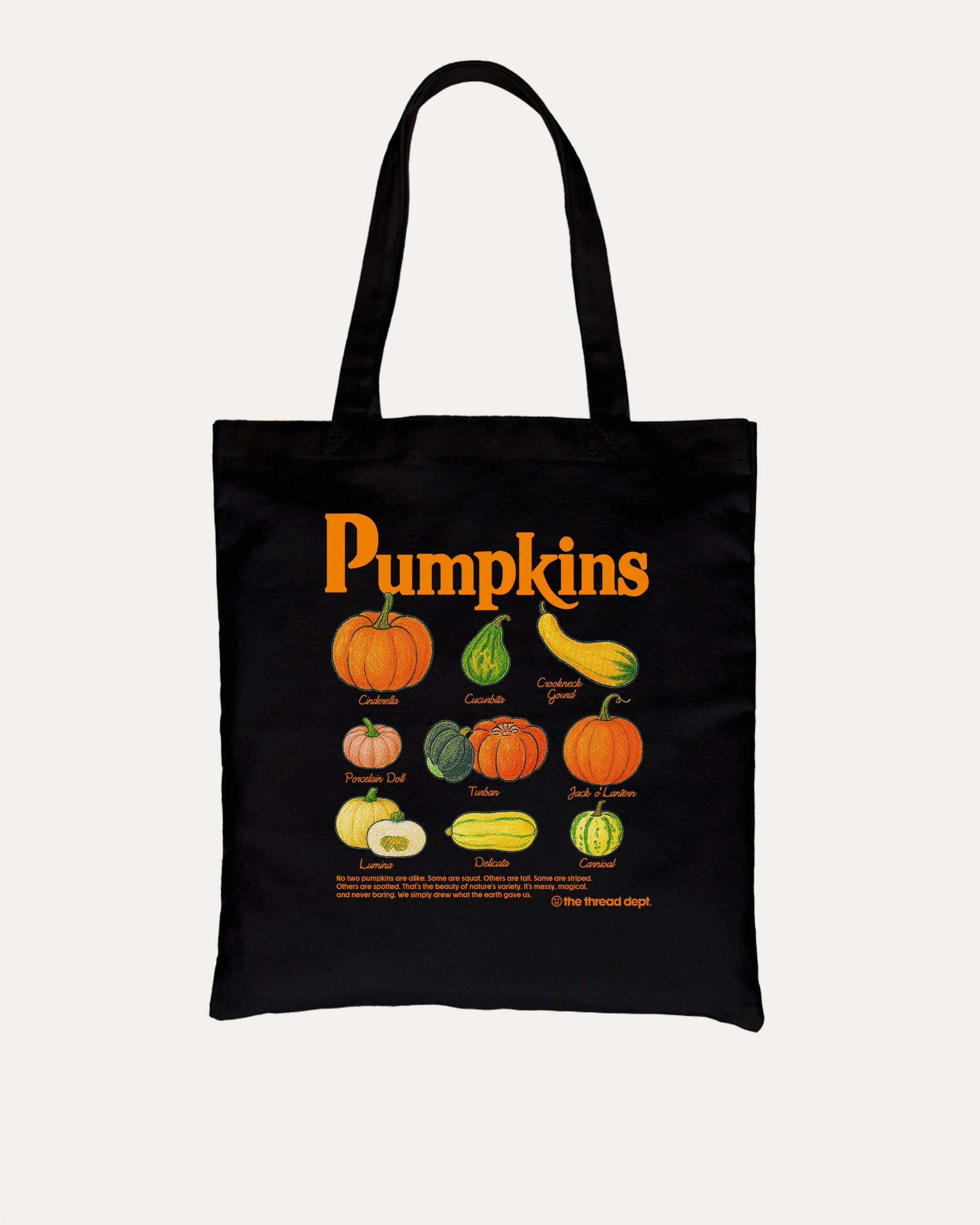 Pumpkins cotton canvas tote bag with humorous graphic, perfect for halloween. A must-have pumpkin bag, great for shopping, school, or casual days. Special gifts for friends. Black bag