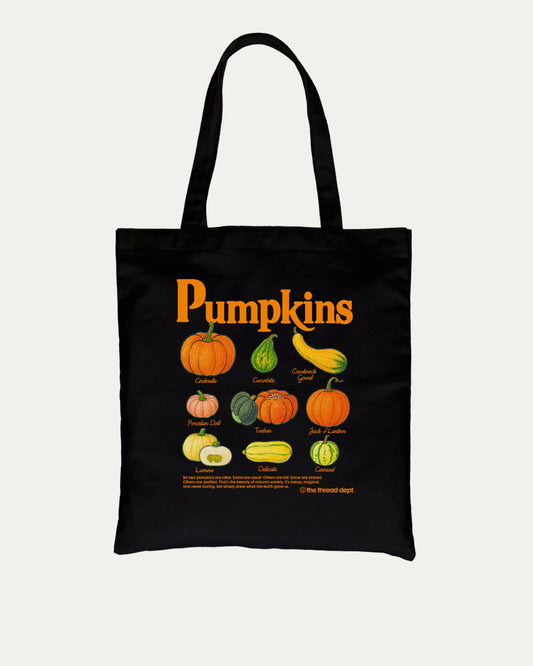 Pumpkins cotton canvas tote bag with humorous graphic, perfect for halloween. A must-have pumpkin bag, great for shopping, school, or casual days. Special gifts for friends. Black bag