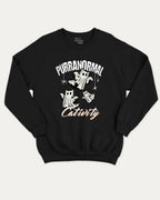 Purranormal Cativity graphic sweatshirt with cat ghost print, warm and cozy graphic for everyday wear. Perfect for Halloween gifts. Black pullover.