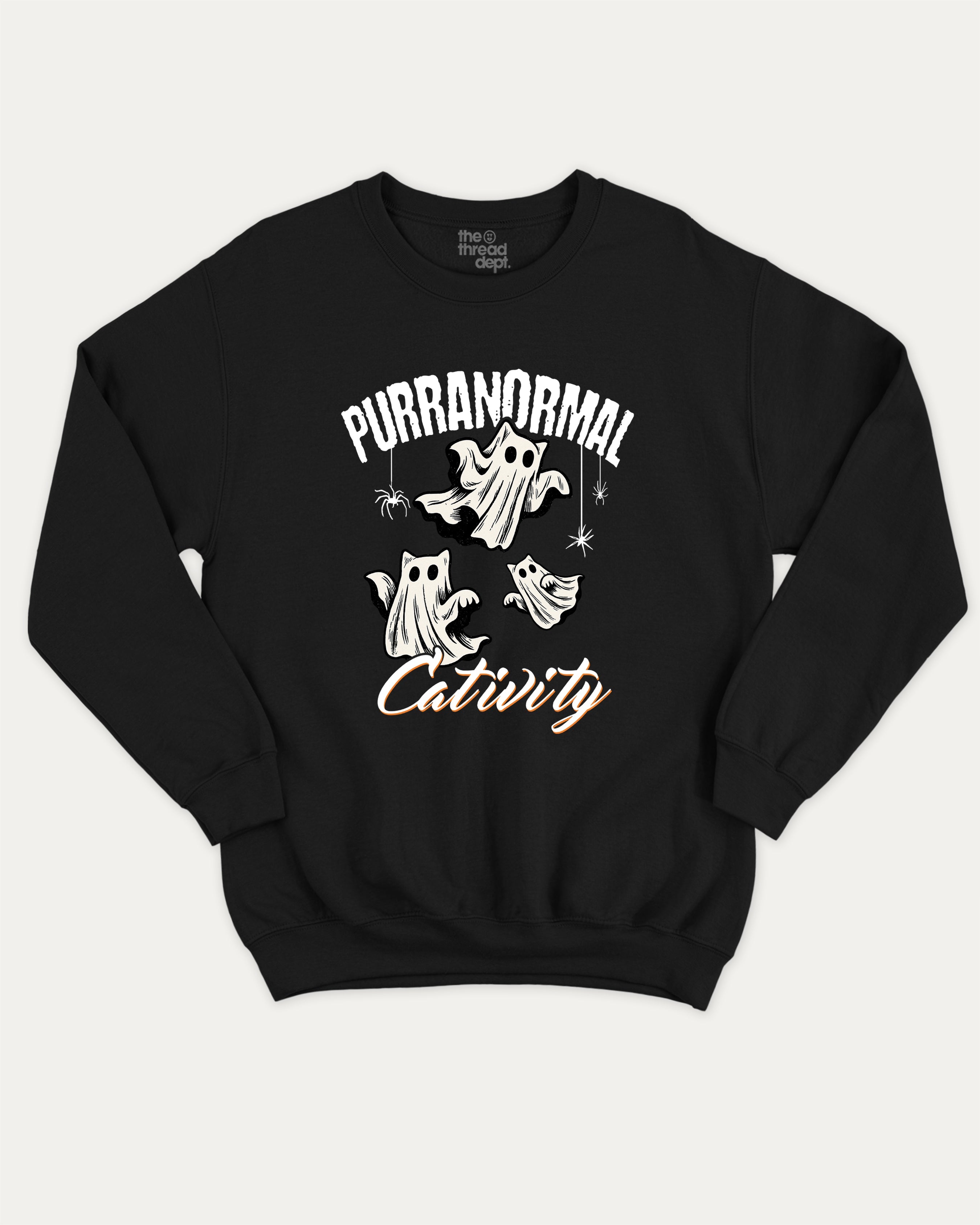 Purranormal Cativity graphic sweatshirt with cat ghost print, warm and cozy graphic for everyday wear. Perfect for Halloween gifts. Black pullover.