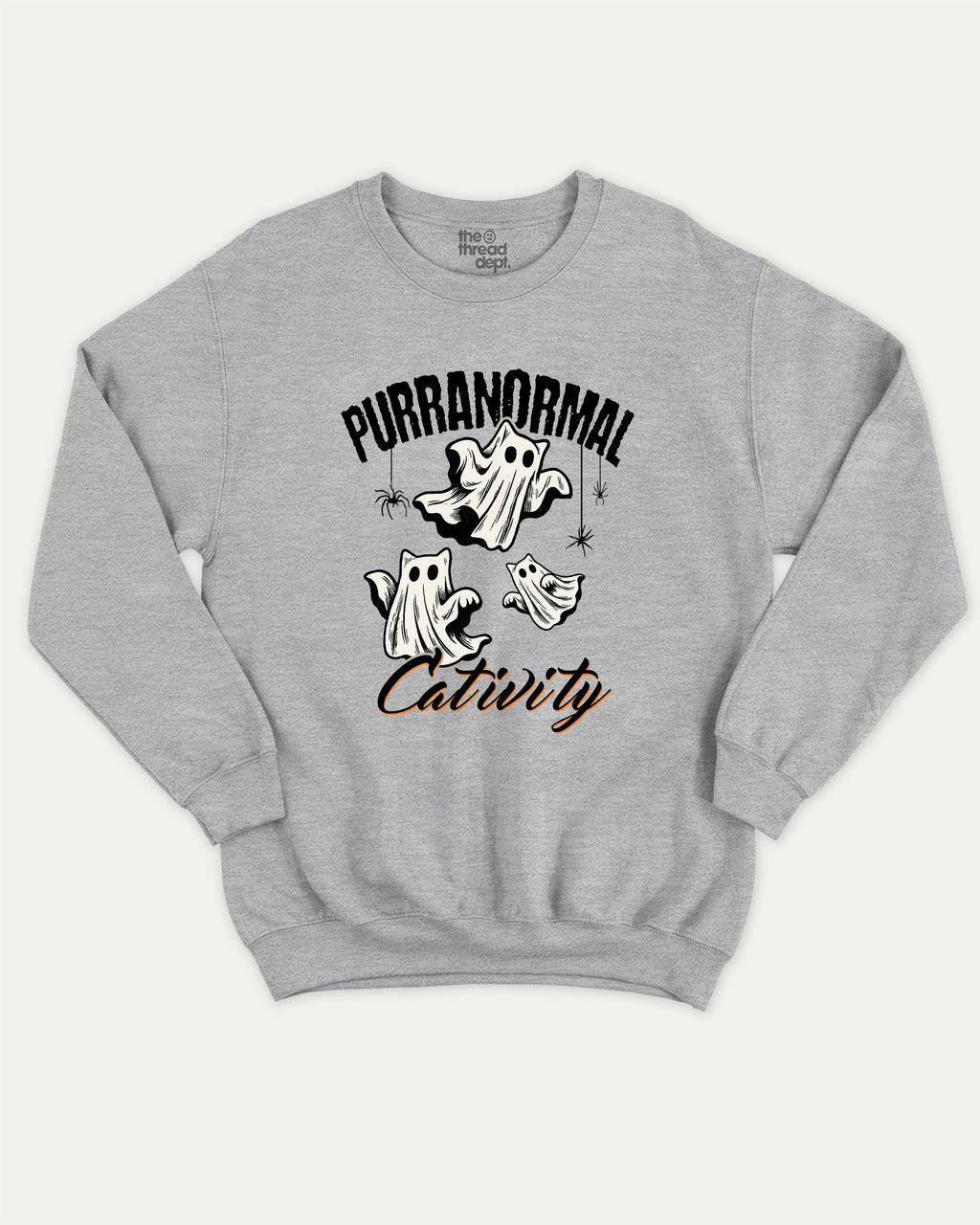 Purranormal Cativity graphic sweatshirt with cat ghost print, warm and cozy graphic for everyday wear. Perfect for Halloween gifts. Heather Grey pullover.