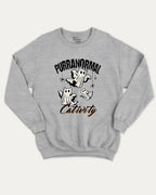 Purranormal Cativity graphic sweatshirt with cat ghost print, warm and cozy graphic for everyday wear. Perfect for Halloween gifts. Heather Grey pullover.
