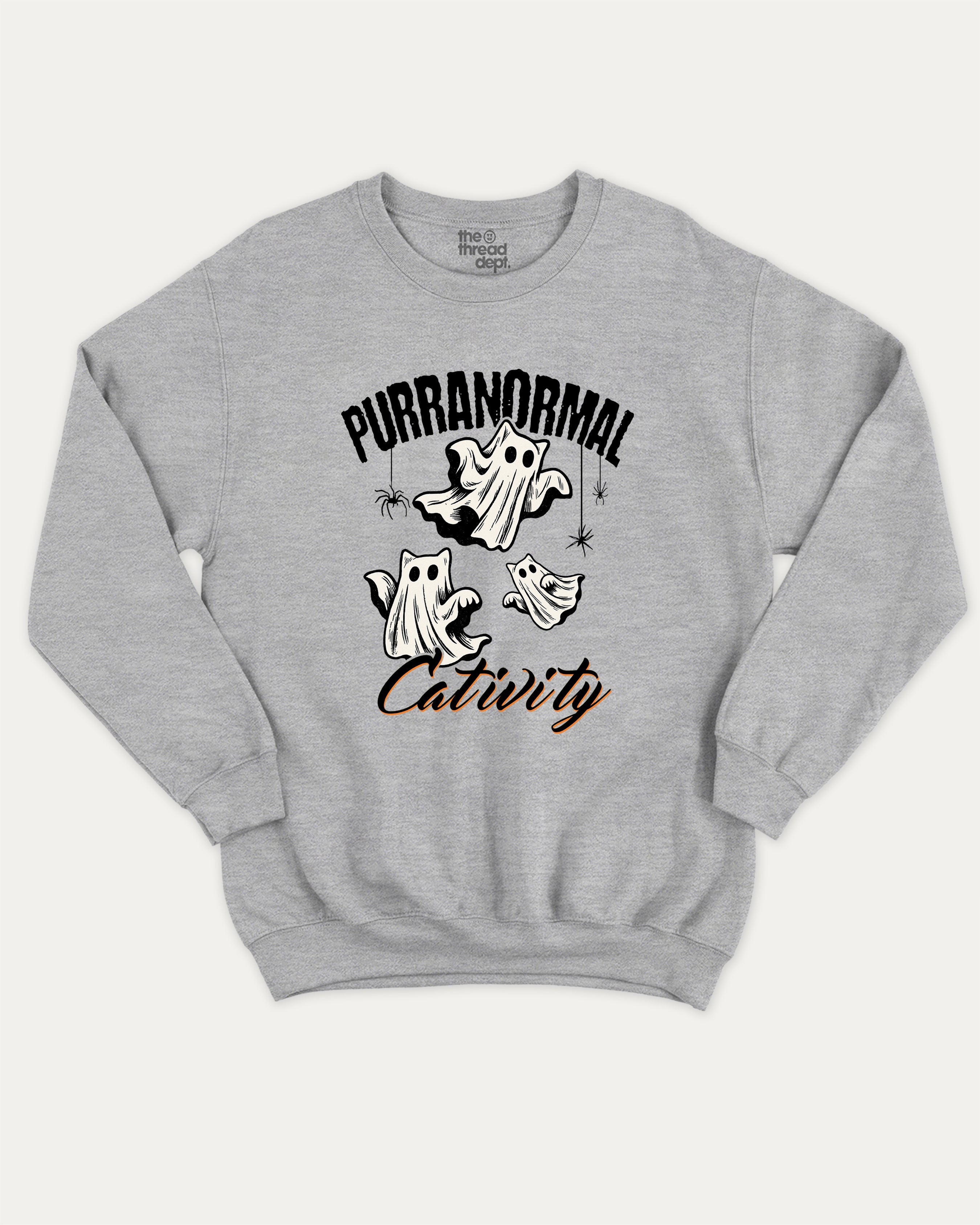 Purranormal Cativity graphic sweatshirt with cat ghost print, warm and cozy graphic for everyday wear. Perfect for Halloween gifts. Heather Grey pullover.