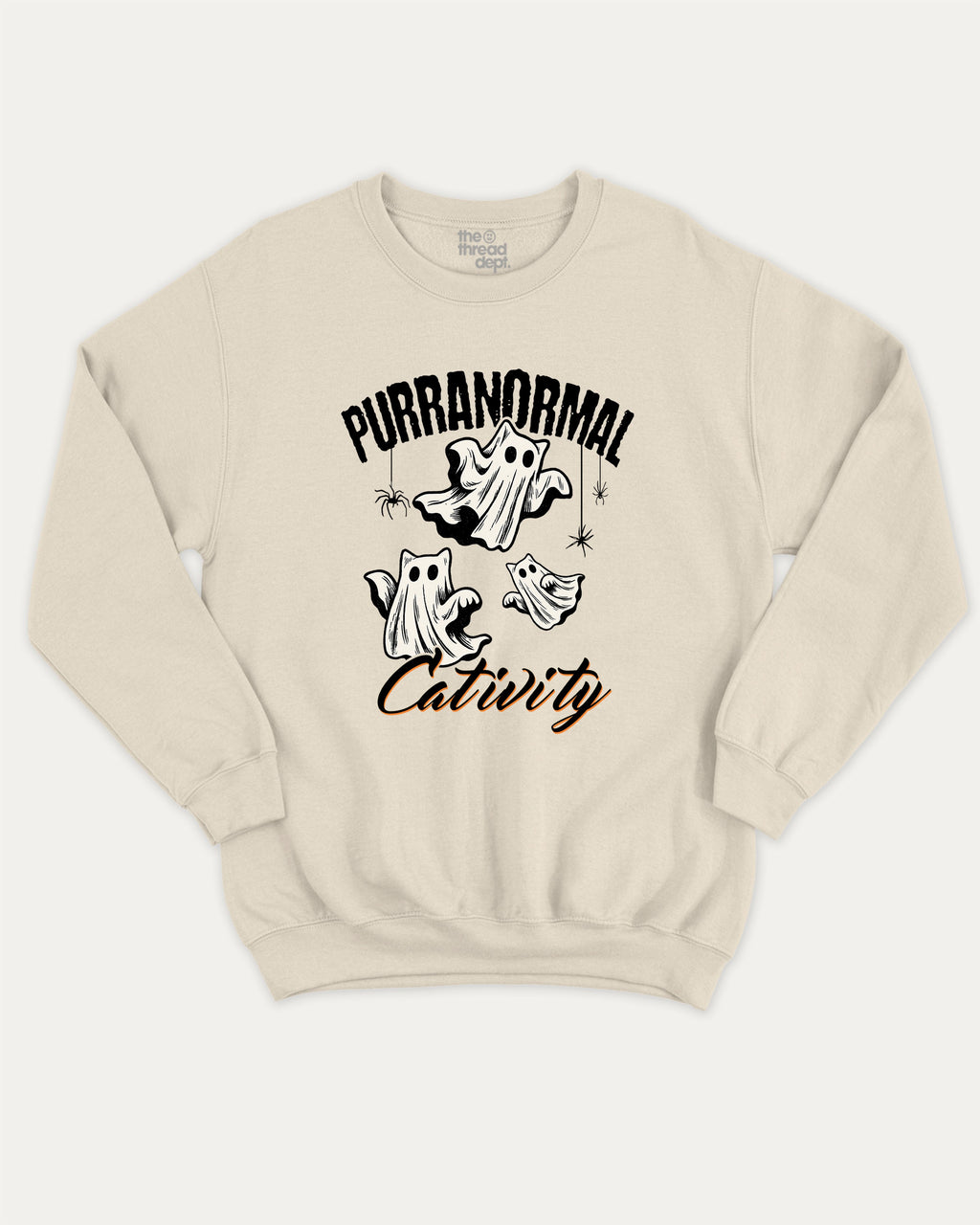 Purranormal Cativity graphic sweatshirt with cat ghost print, warm and cozy graphic for everyday wear. Perfect for Halloween gifts. Natural pullover.