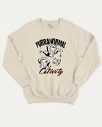 Purranormal Cativity graphic sweatshirt with cat ghost print, warm and cozy graphic for everyday wear. Perfect for Halloween gifts. Natural pullover.