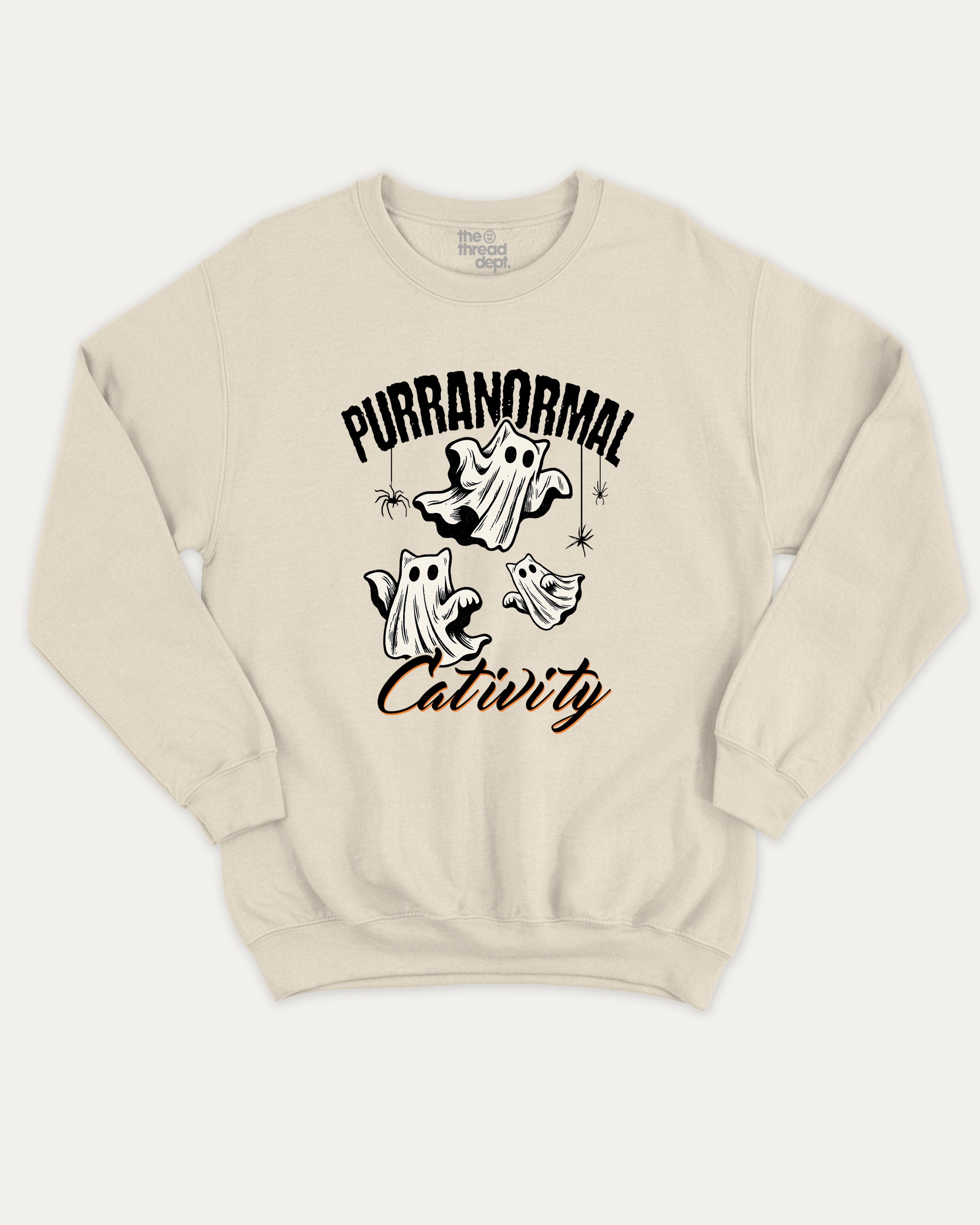 Purranormal Cativity graphic sweatshirt with cat ghost print, warm and cozy graphic for everyday wear. Perfect for Halloween gifts. Natural pullover.