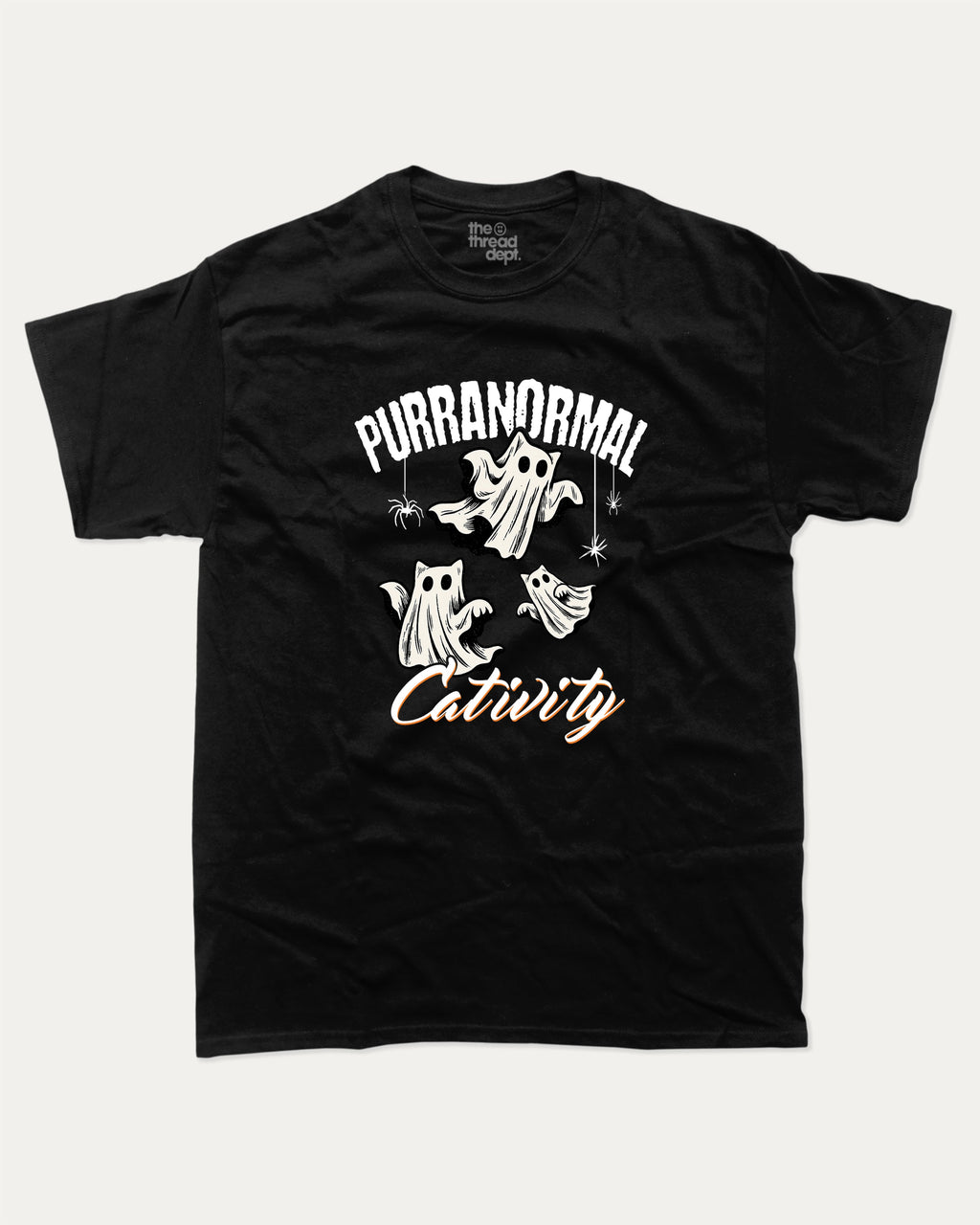 Purranormal Cativity graphic tee with marg print, funny and trendy graphic. Perfect for adults and gift-giving. Black shirt.