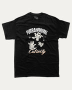 Purranormal Cativity graphic tee with marg print, funny and trendy graphic. Perfect for adults and gift-giving. Black shirt.