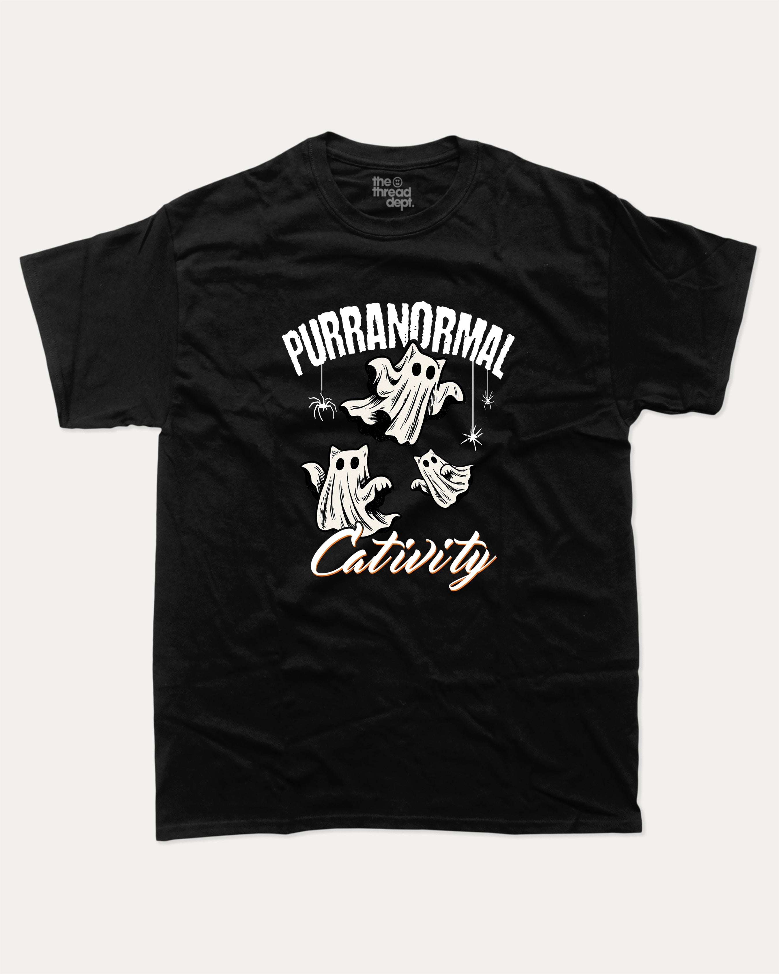 Purranormal Cativity graphic tee with marg print, funny and trendy graphic. Perfect for adults and gift-giving. Black shirt.
