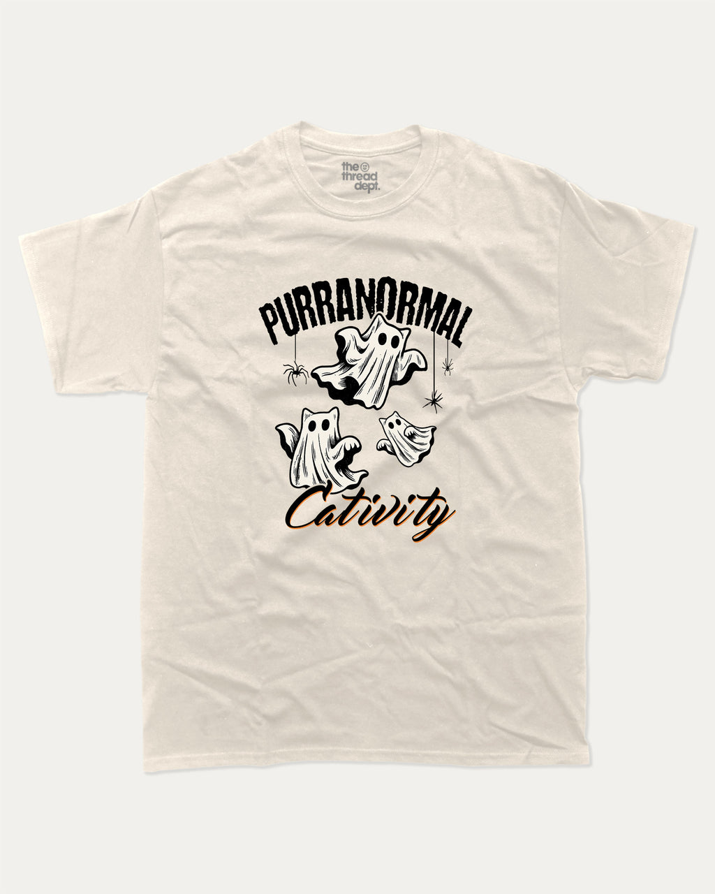 Purranormal Cativity graphic tee with marg print, funny and trendy graphic. Perfect for adults and gift-giving. Cream shirt.