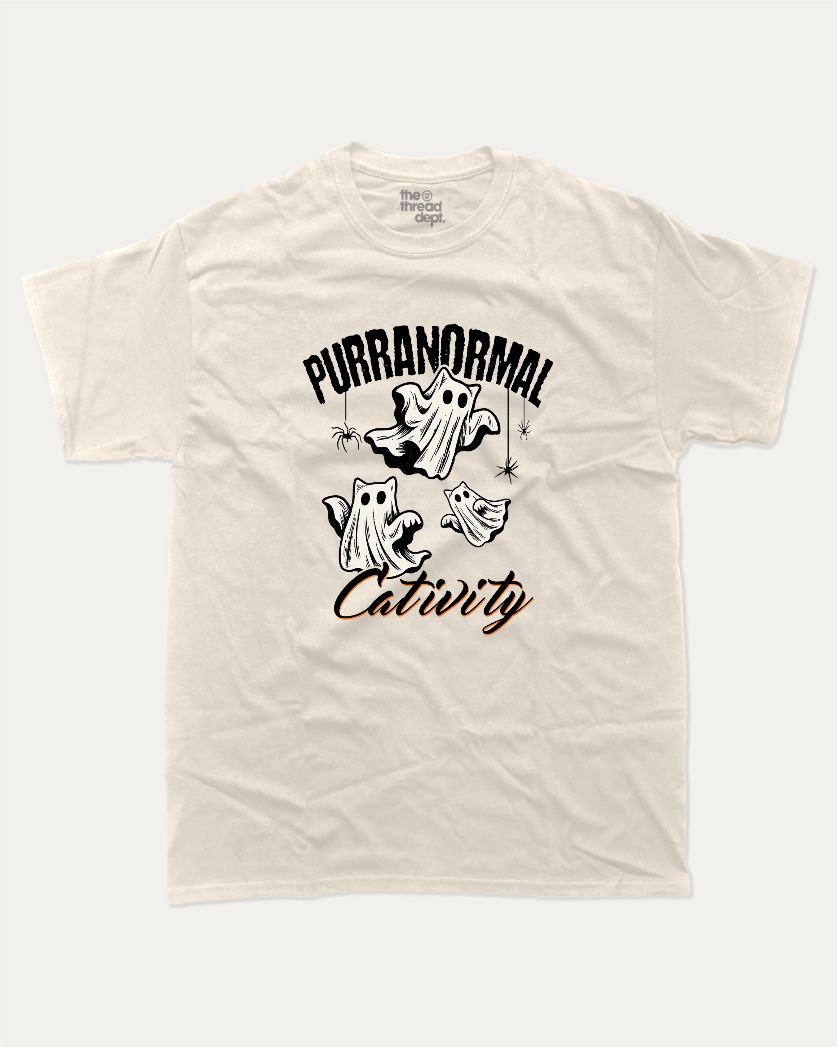 Purranormal Cativity graphic tee with marg print, funny and trendy graphic. Perfect for adults and gift-giving. Cream shirt.