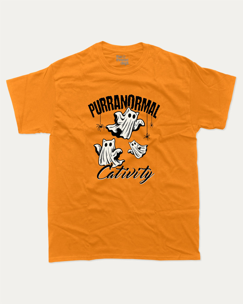 Purranormal Cativity graphic tee with marg print, funny and trendy graphic. Perfect for adults and gift-giving. Orange shirt.